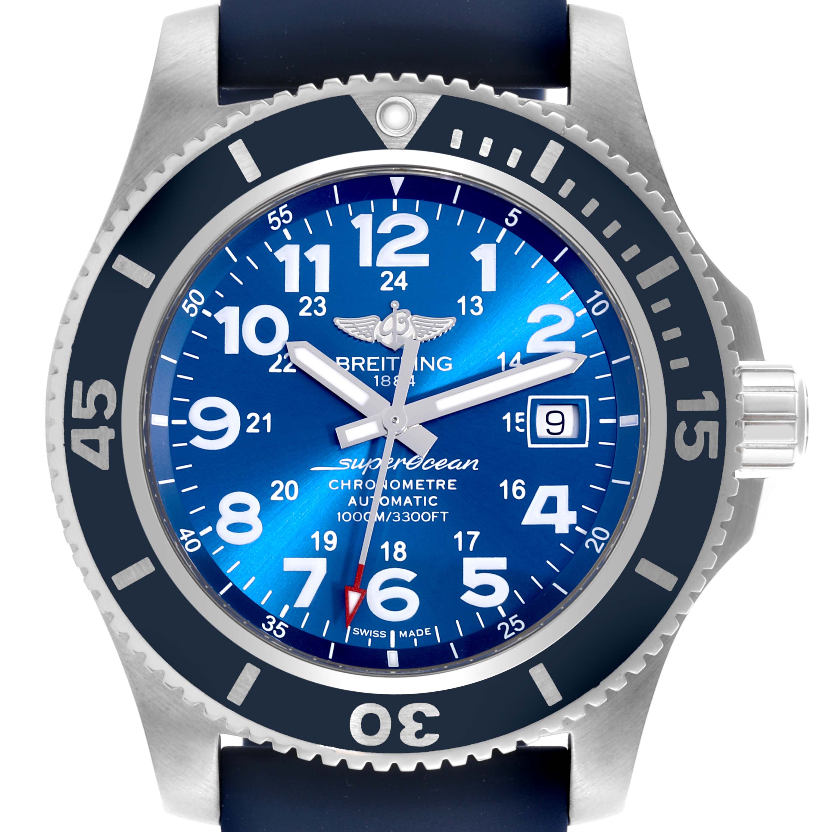 The Breitling Superocean A17392 Men's Stainless Steel Blue Dial A17392 Men's Stainless Steel Blue Dial watch is shown face-on, displaying the dial, bezel, crown, and part of the strap.