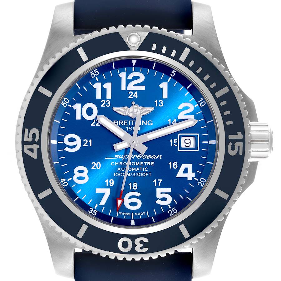 The Breitling Superocean watch is shown face-on, displaying the dial, bezel, crown, and part of the strap.