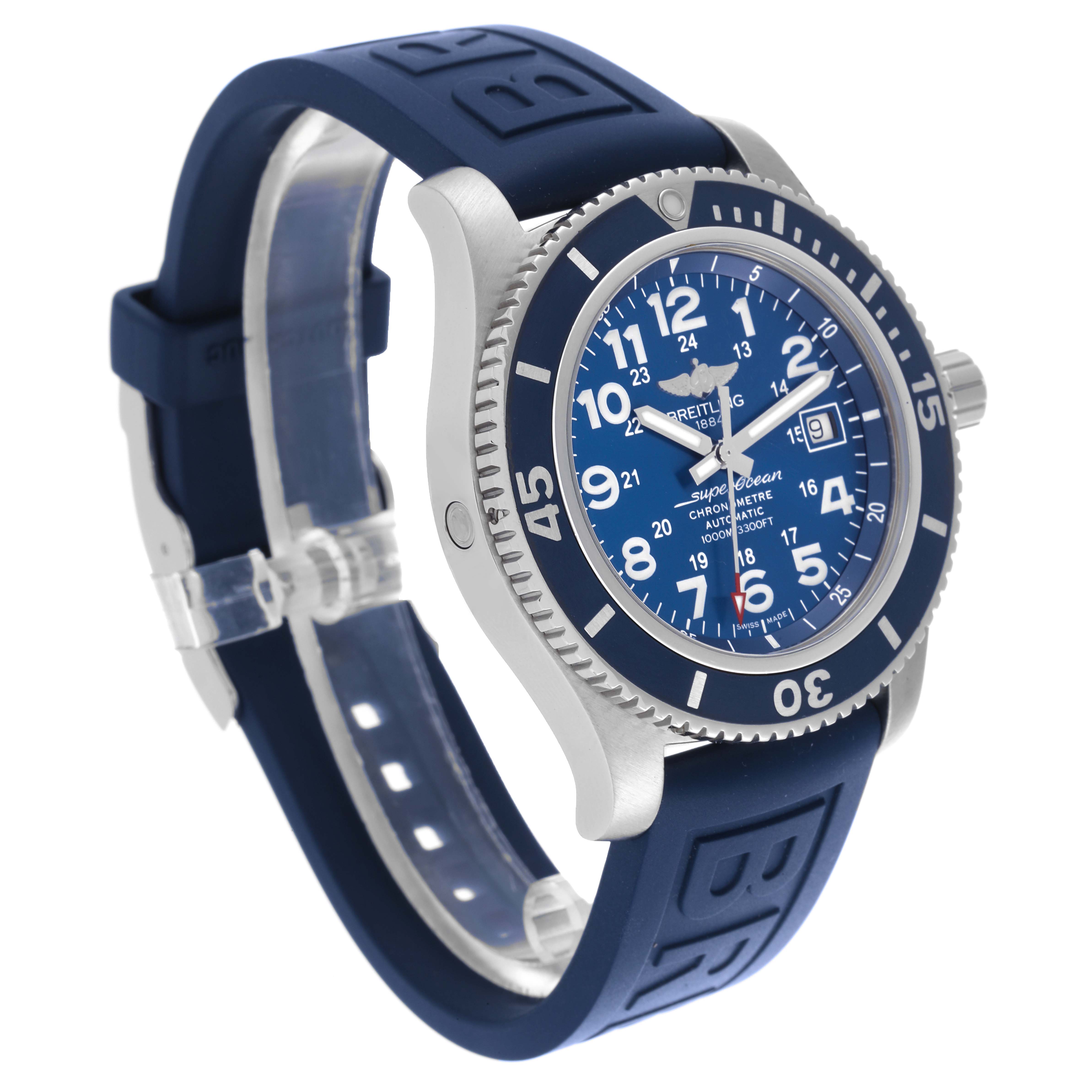 The Breitling Superocean A17392 Men's Stainless Steel Blue Dial A17392 Men's Stainless Steel Blue Dial watch is shown at a three-quarter angle highlighting the blue dial, bezel, and rubber strap.