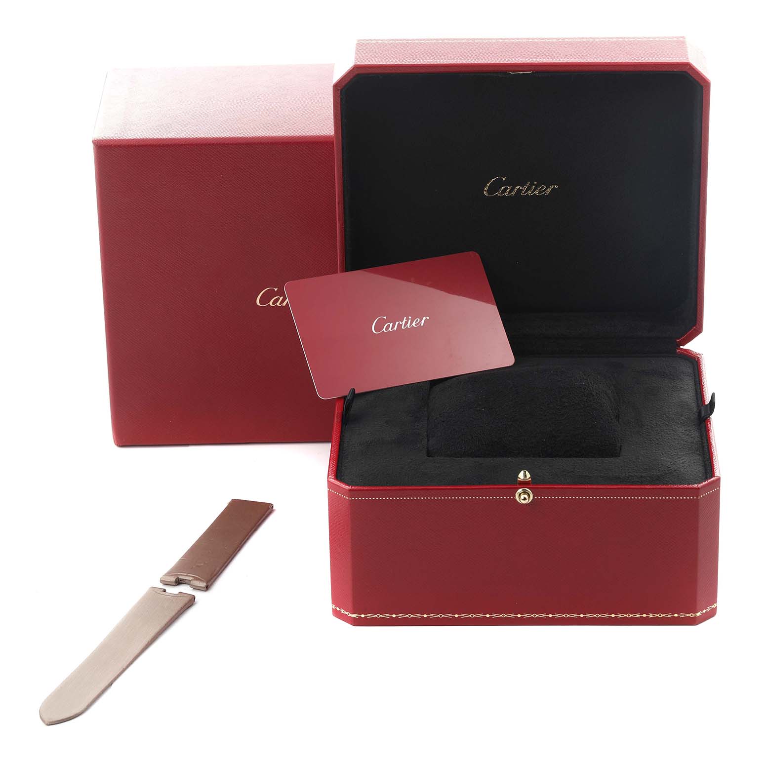 The image shows the Cartier Baignoire WB520005 Women
s Rose Gold Silver Dial WB520005 Women
s Rose Gold Silver Dial watch box, card, and burgundy presentation case, viewed from the front.