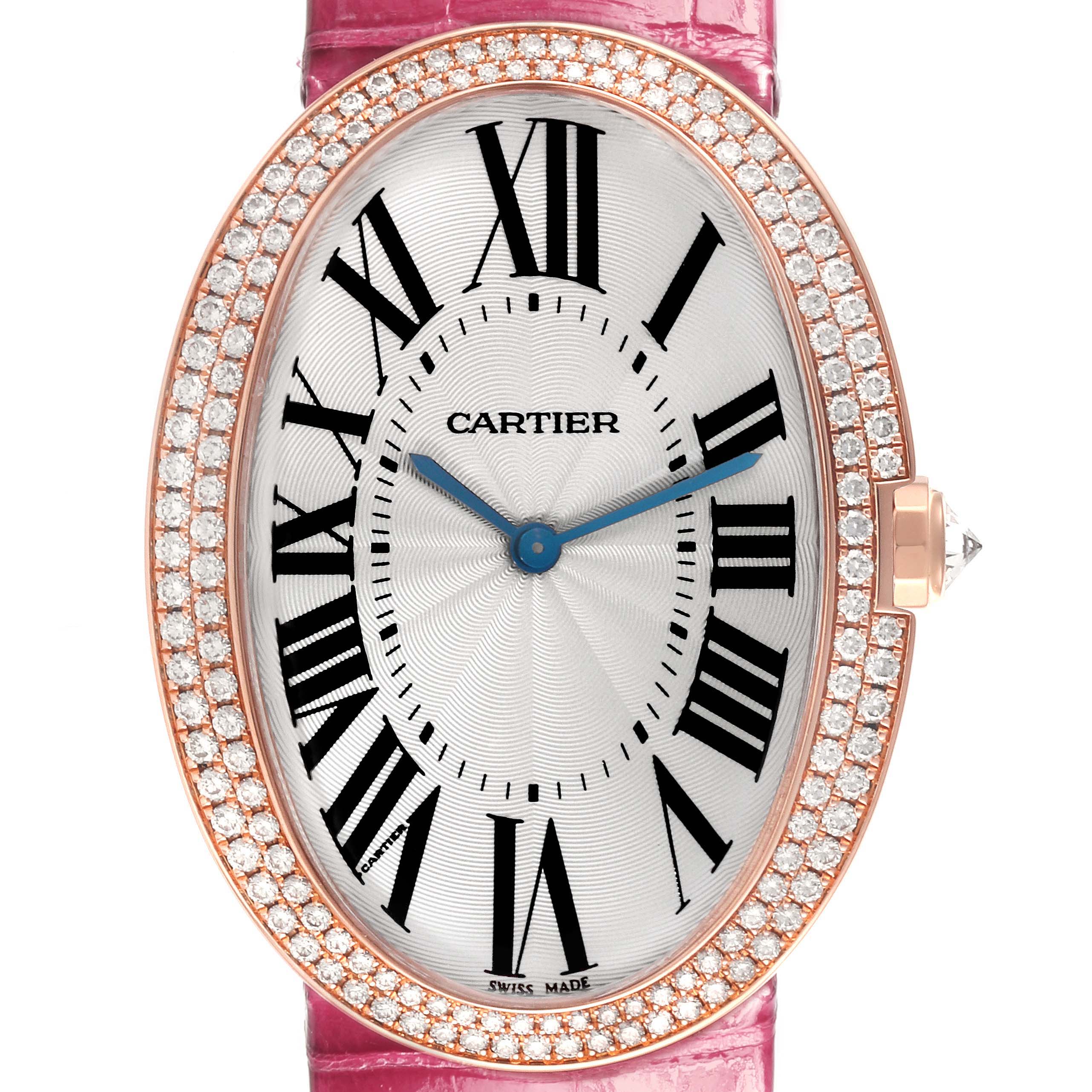 The Cartier Baignoire WB520005 Women
s Rose Gold Silver Dial WB520005 Women
s Rose Gold Silver Dial watch is shown from the front, highlighting its oval dial, Roman numerals, and diamond-set bezel.