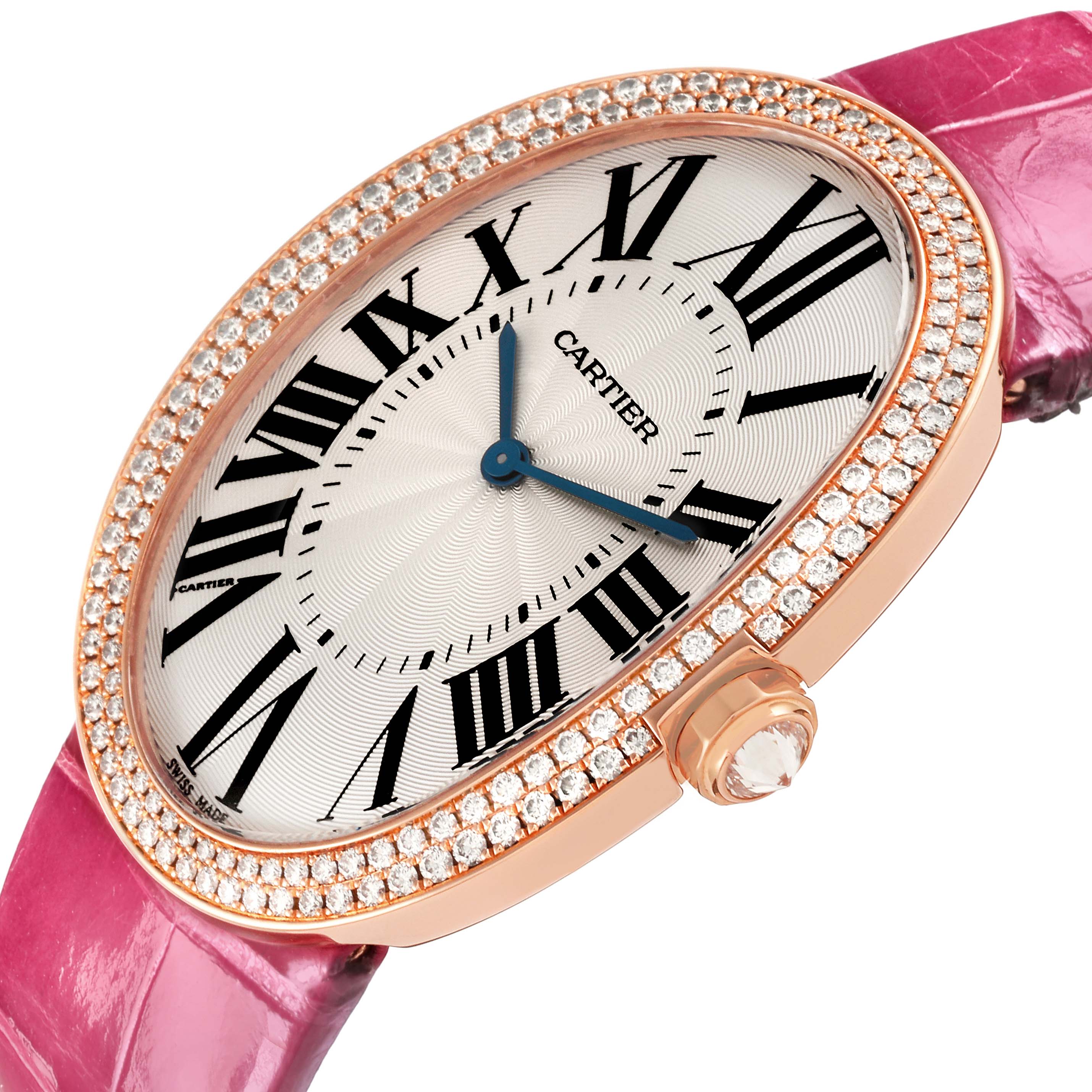 The Cartier Baignoire WB520005 Women
s Rose Gold Silver Dial WB520005 Women
s Rose Gold Silver Dial watch is shown at an angled view, highlighting the diamond bezel, dial, crown, and pink strap.