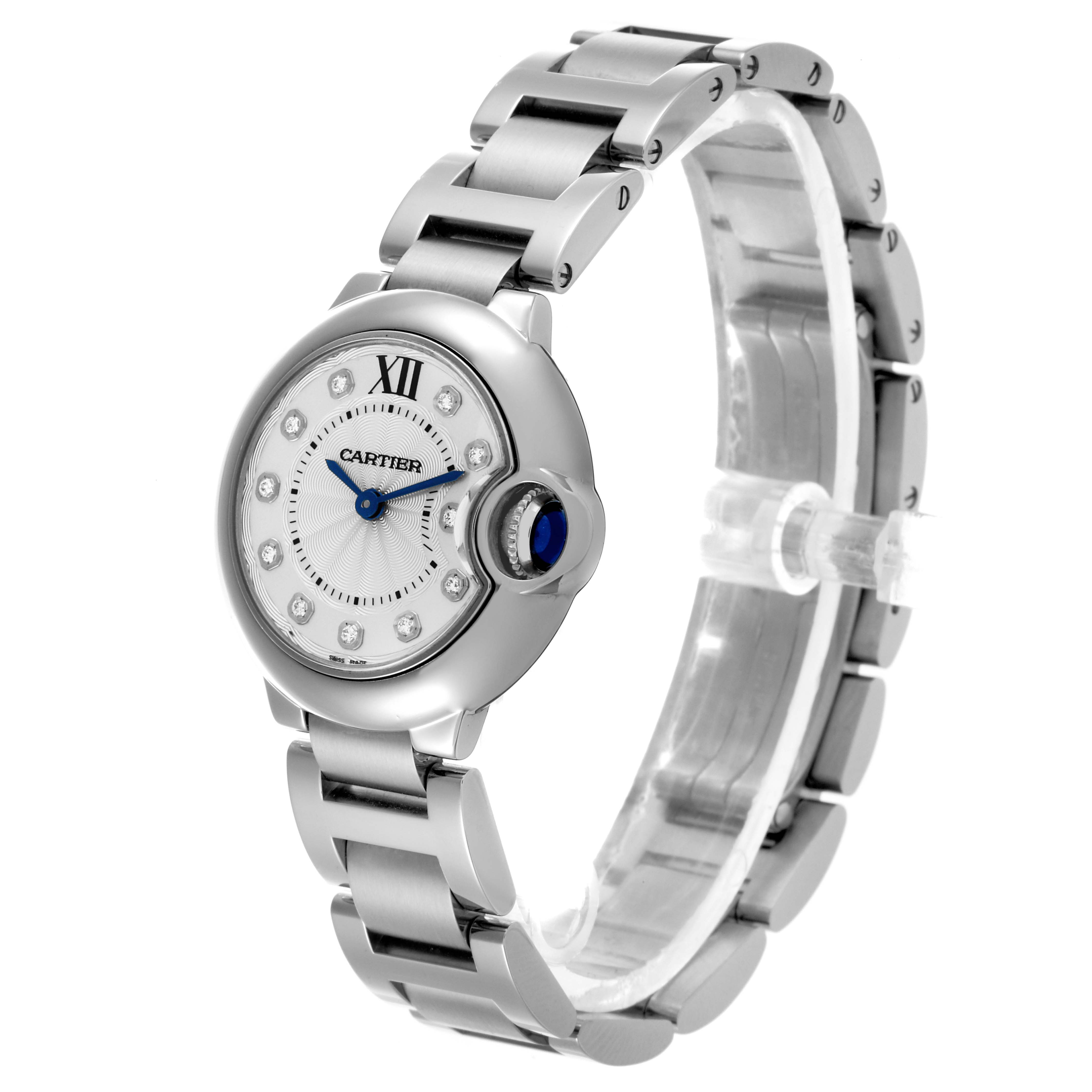 The Cartier Ballon Bleu WE902073 Women
s Stainless Steel Silver Dial WE902073 Women
s Stainless Steel Silver Dial watch is shown at an angled side view, displaying the face, bracelet, and blue crown.