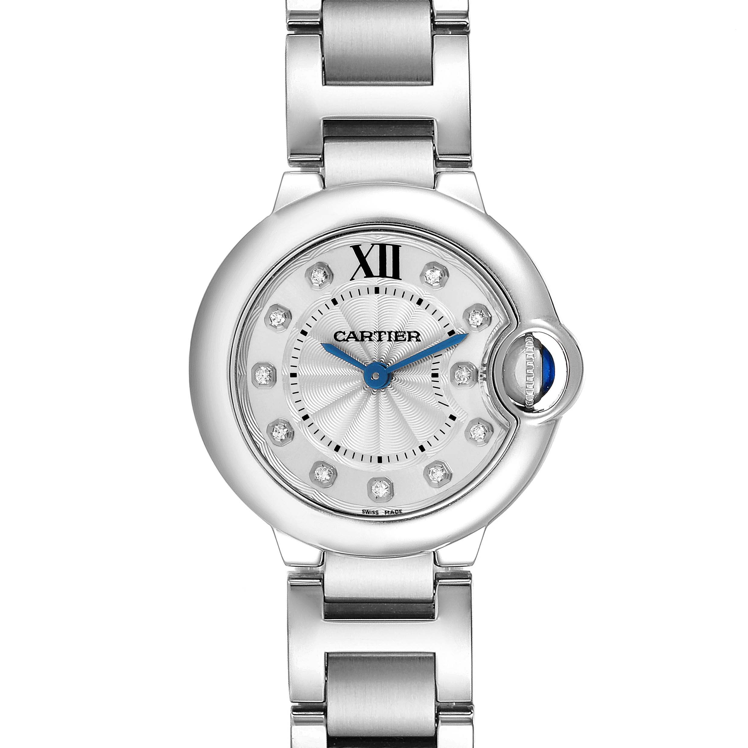 The Cartier Ballon Bleu WE902073 Women
s Stainless Steel Silver Dial WE902073 Women
s Stainless Steel Silver Dial watch is shown from a top view, displaying the dial, bracelet, and prominent blue crown.
