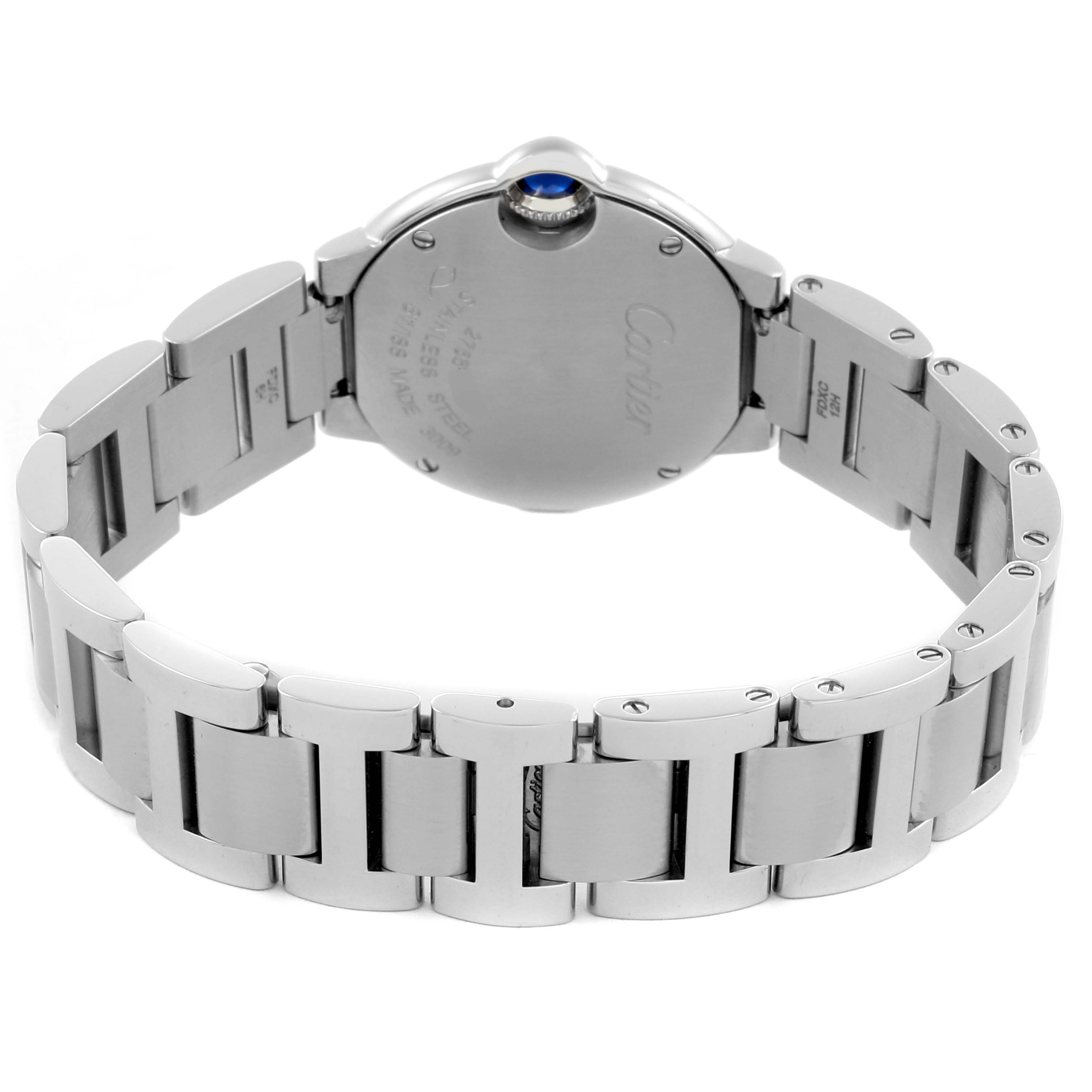 The image shows the back and bracelet of the Ballon Bleu de Cartier watch at an angle, displaying its clasp and links.