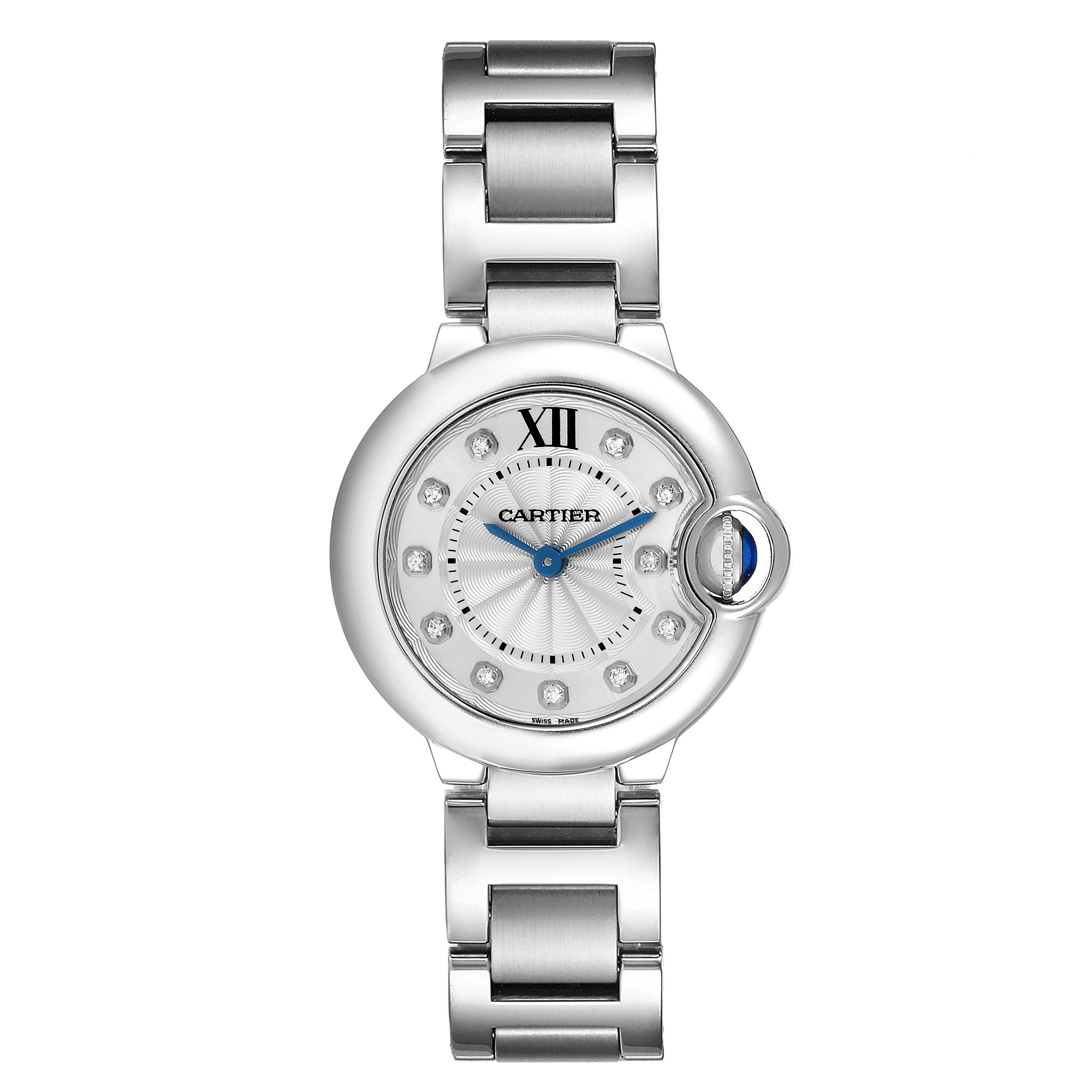 The Cartier Ballon Bleu WE902073 Women
s Stainless Steel Silver Dial WE902073 Women
s Stainless Steel Silver Dial watch is shown from a front angle, highlighting its face and metallic bracelet.