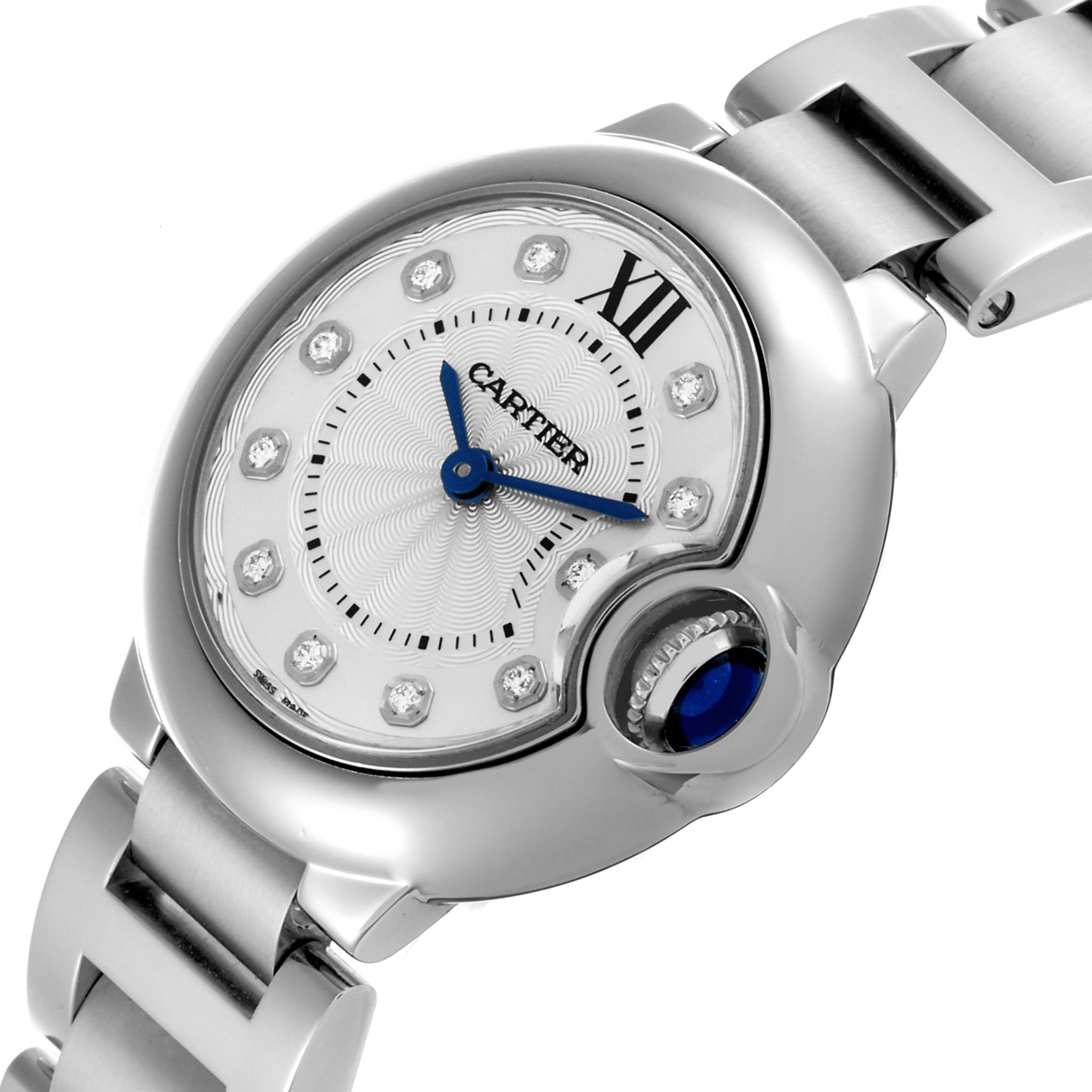 The Cartier Ballon Bleu WE902073 Women
s Stainless Steel Silver Dial WE902073 Women
s Stainless Steel Silver Dial watch is shown at an angle highlighting the face, crown, and part of the bracelet.