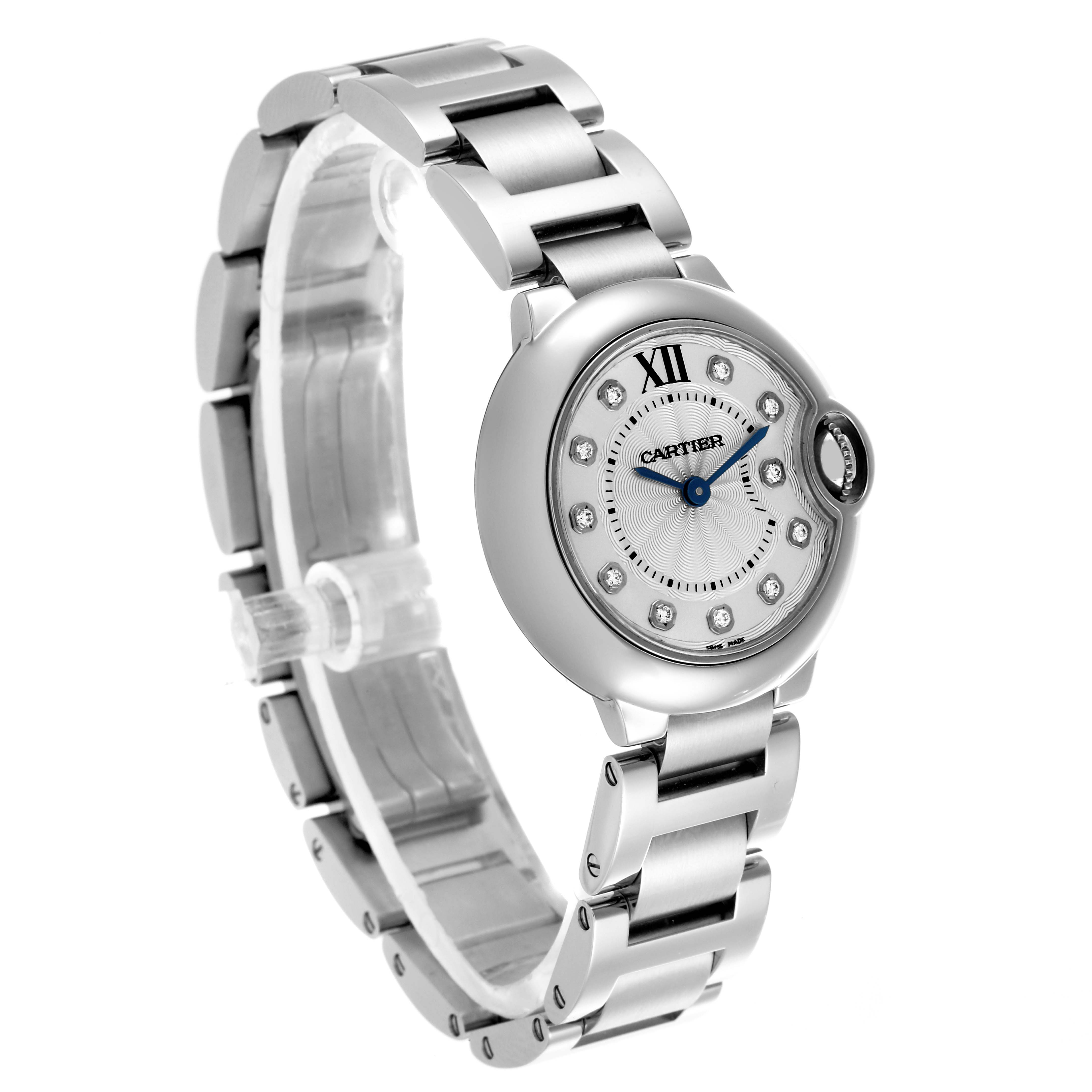 The Cartier Ballon Bleu WE902073 Women
s Stainless Steel Silver Dial WE902073 Women
s Stainless Steel Silver Dial watch is shown at a three-quarter angle, highlighting the face, bracelet, and crown.