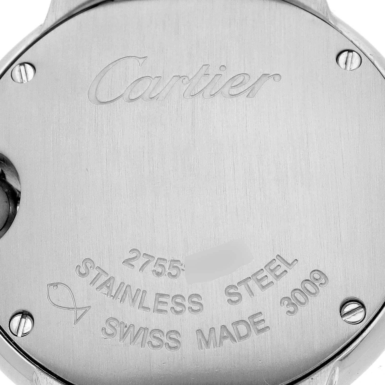 The image shows the back case of a Cartier Ballon Bleu WE902073 Women
s Stainless Steel Silver Dial WE902073 Women
s Stainless Steel Silver Dial watch, displaying engravings and screws.