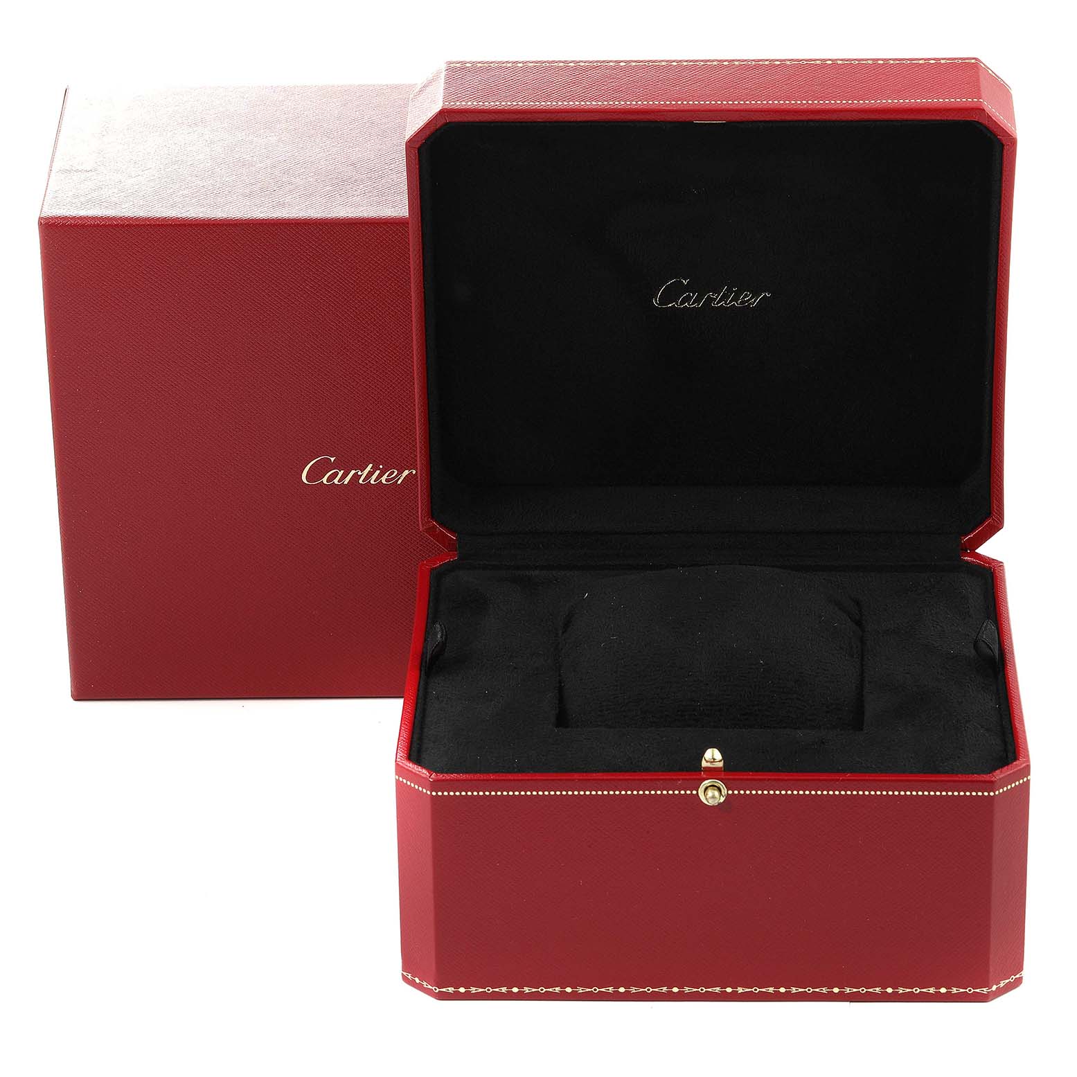 The image shows an open red Cartier box for the Calibre de Cartier watch, displaying its interior cushion and exterior.