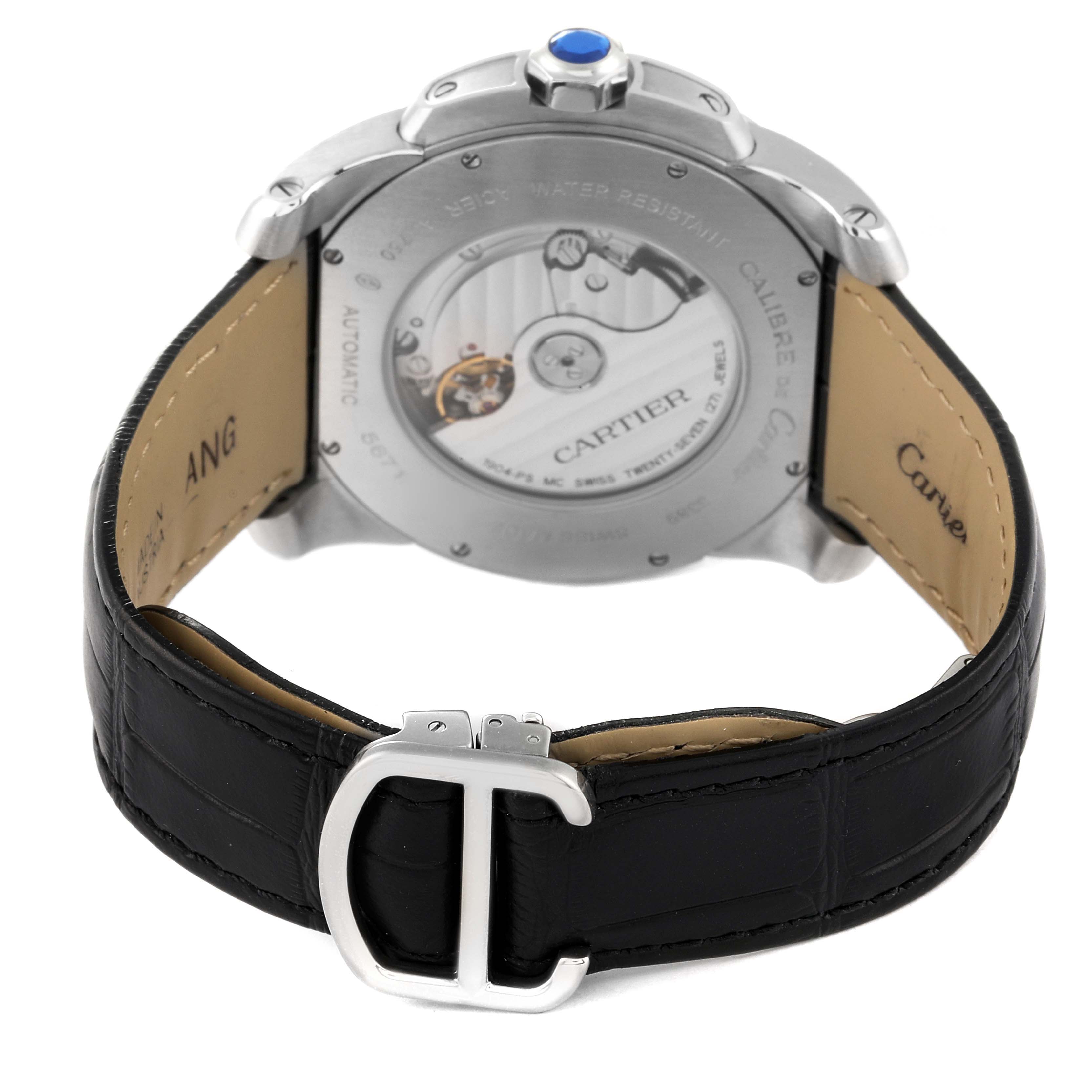 The image shows the rear view of a Calibre de Cartier watch by Cartier, highlighting its back casing and leather strap.