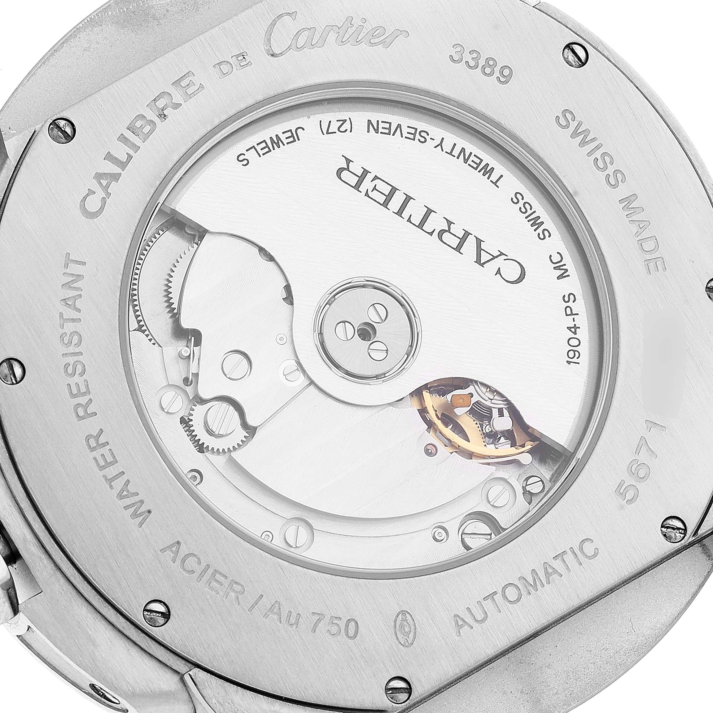The image shows the back of the Calibre de Cartier watch by Cartier, highlighting its automatic movement and internal mechanisms.