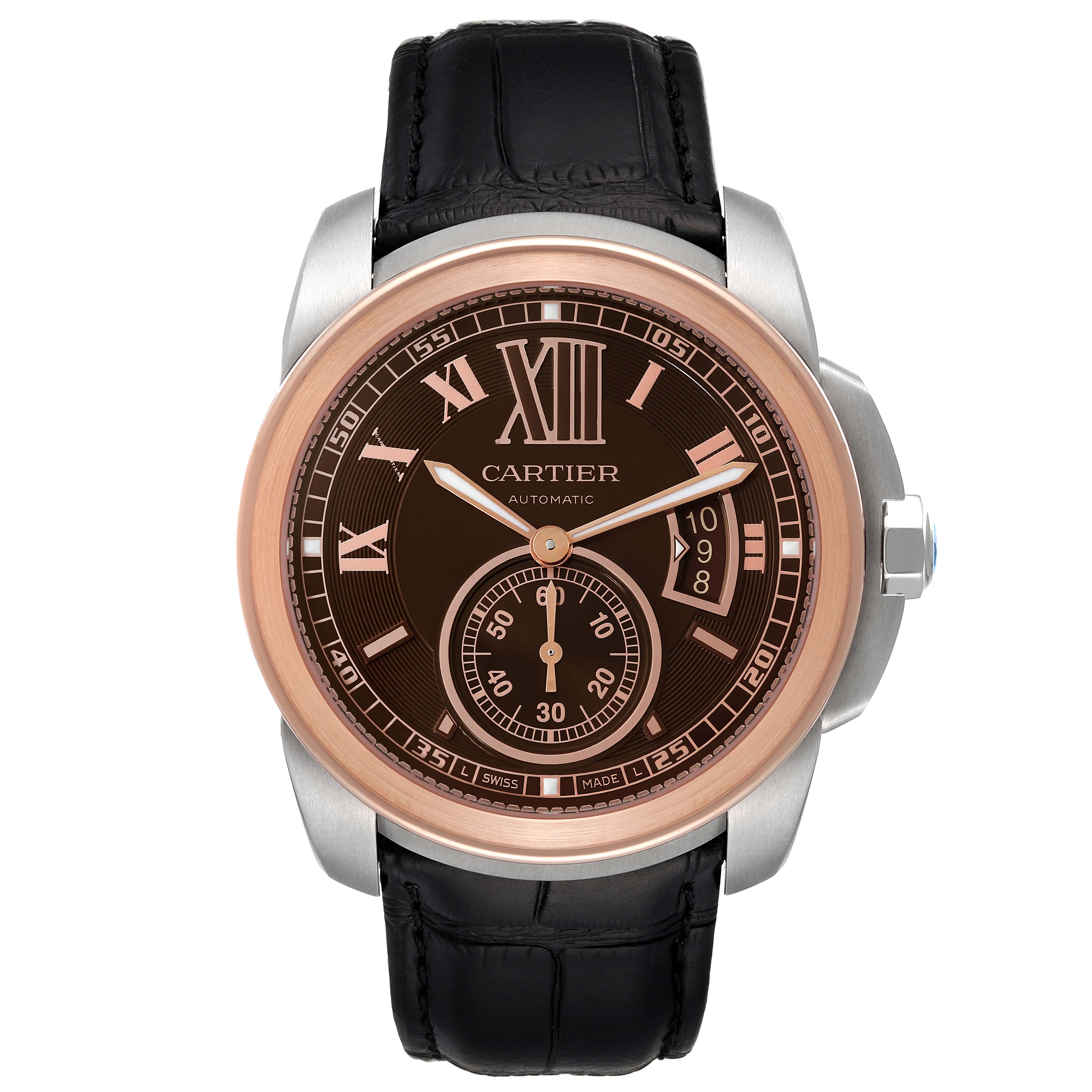 This image shows a front view of the Calibre de Cartier watch by Cartier, displaying the dial, hands, bezel, crown, and strap.