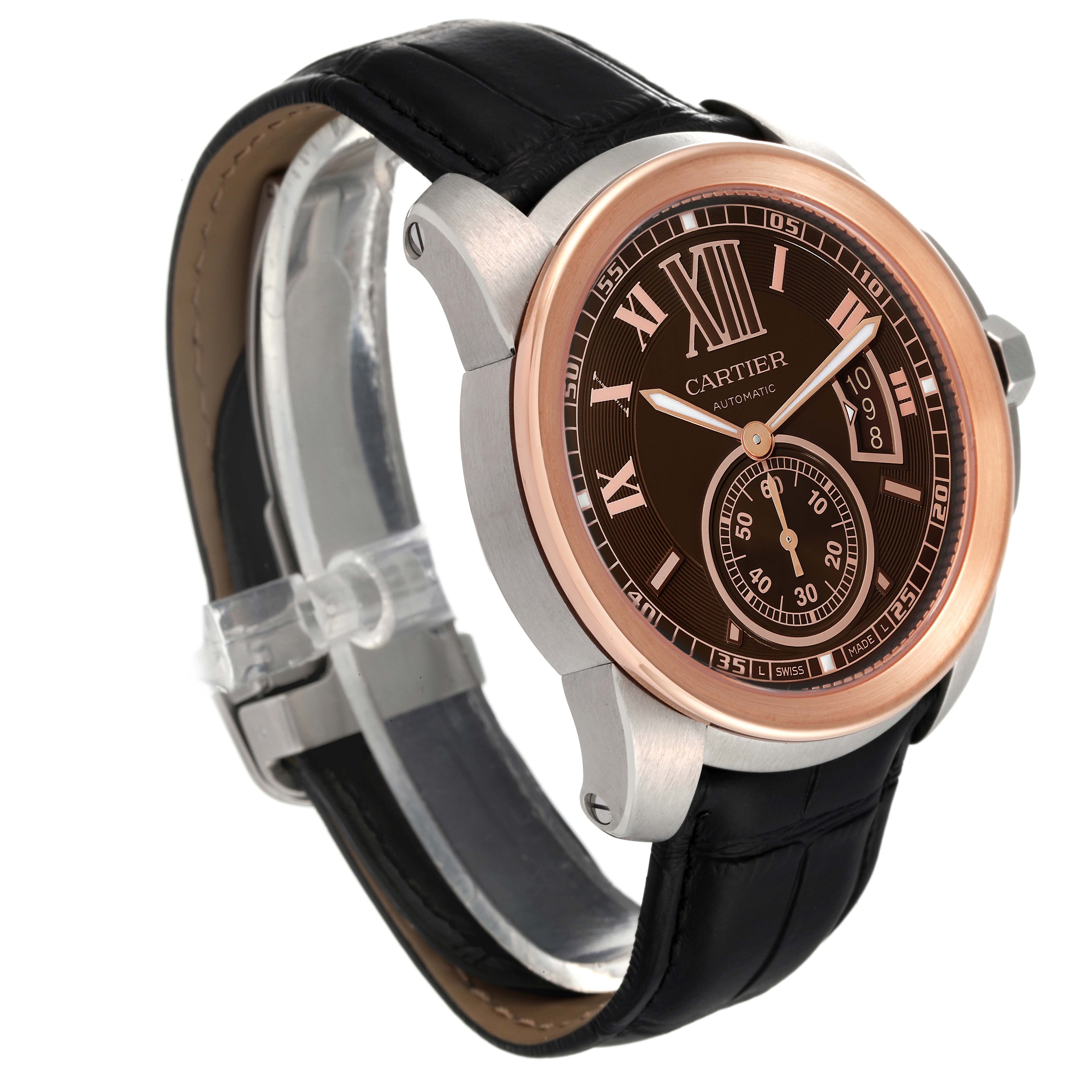 The Calibre de Cartier watch by Cartier is shown at a three-quarter angle, showcasing its dial, bezel, case, and leather strap.