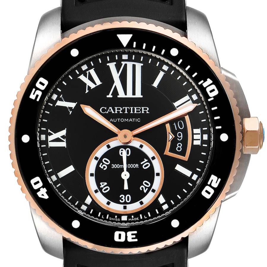 Cartier Calibre Diver Steel Rose Gold Mens Watch W7100055 Box Papers SwissWatchExpo