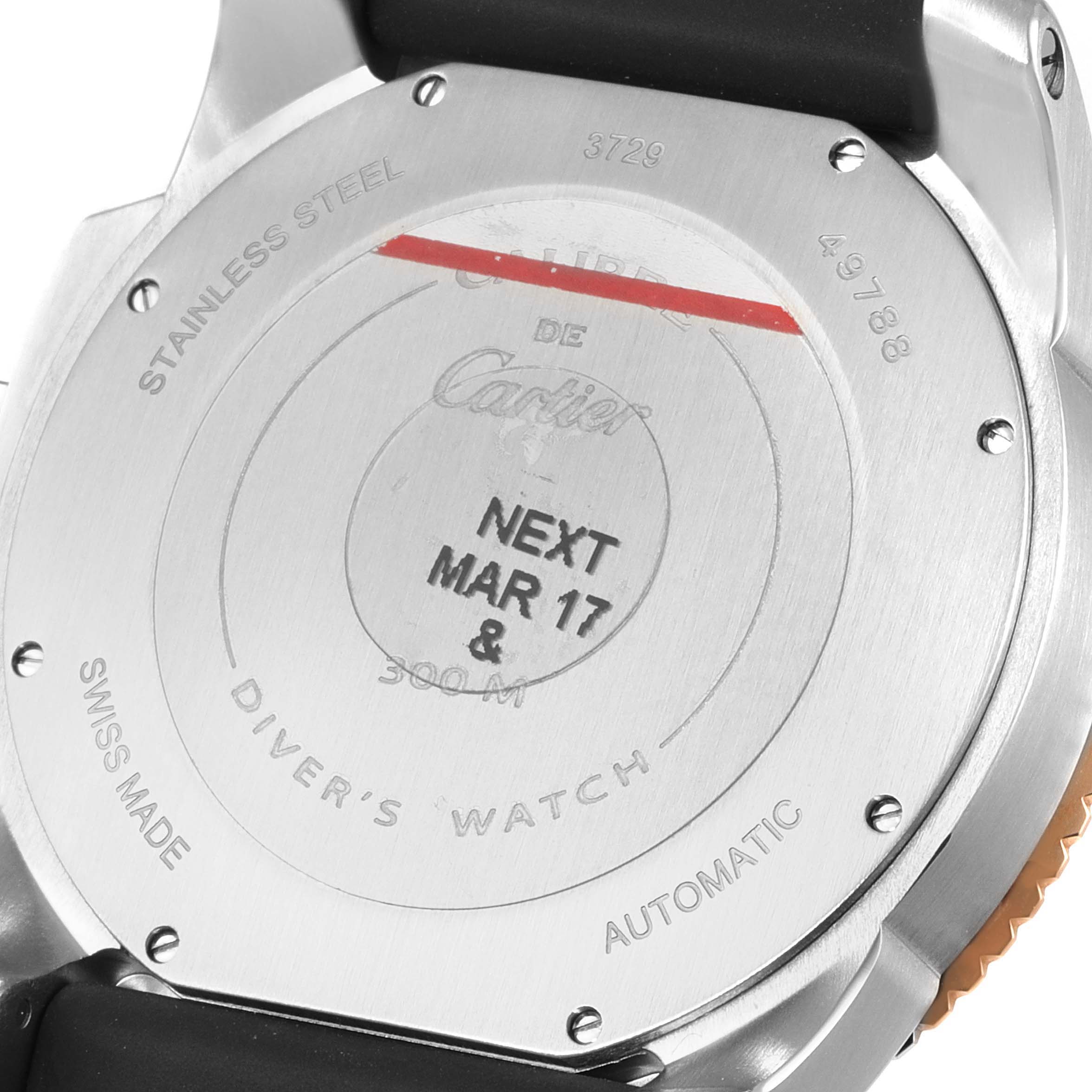 The image shows the back case of a Calibre de Cartier watch by Cartier, highlighting the engraved details and strap attachment.