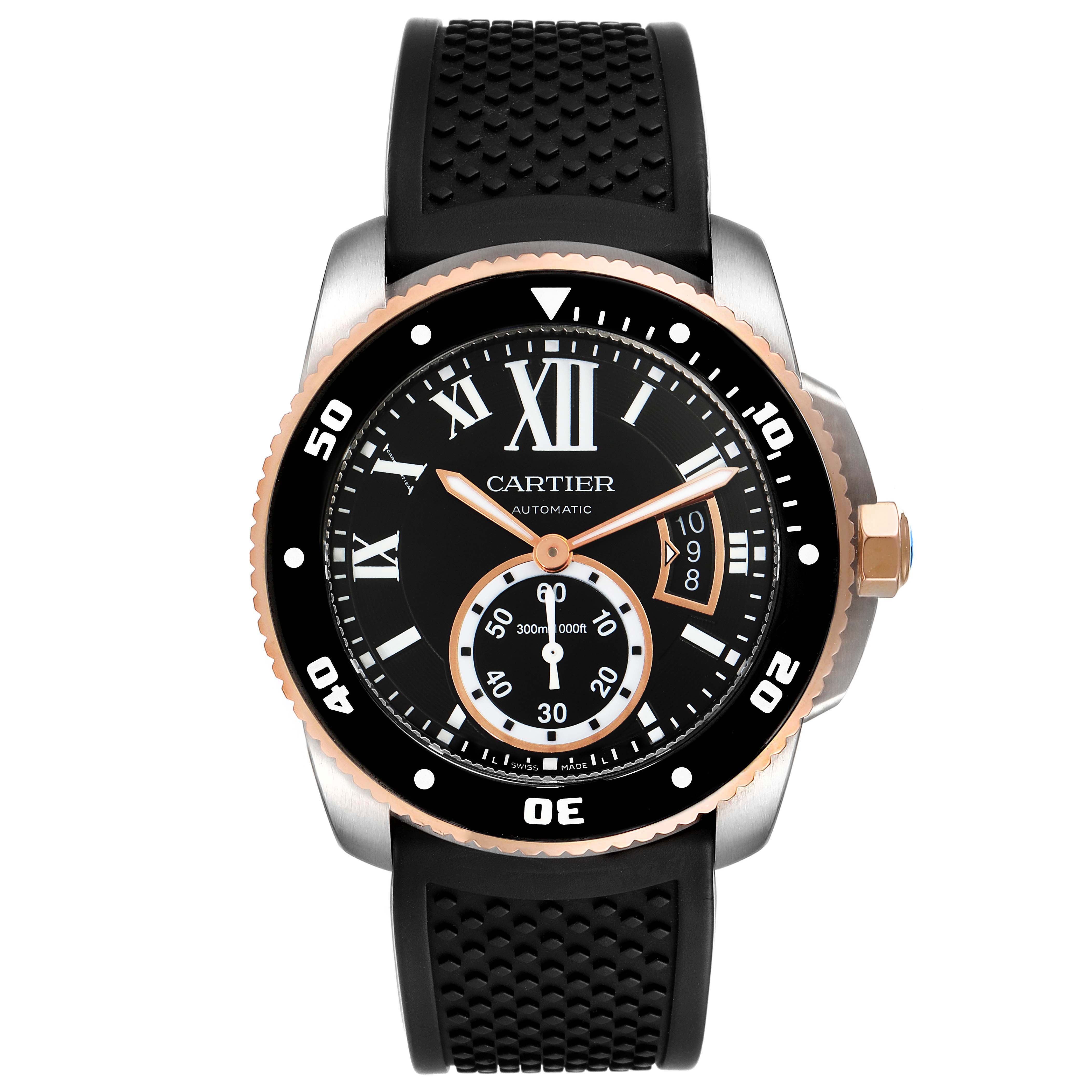 This Calibre de Cartier watch by Cartier is shown from a front angle, displaying its face, bezel, and strap.