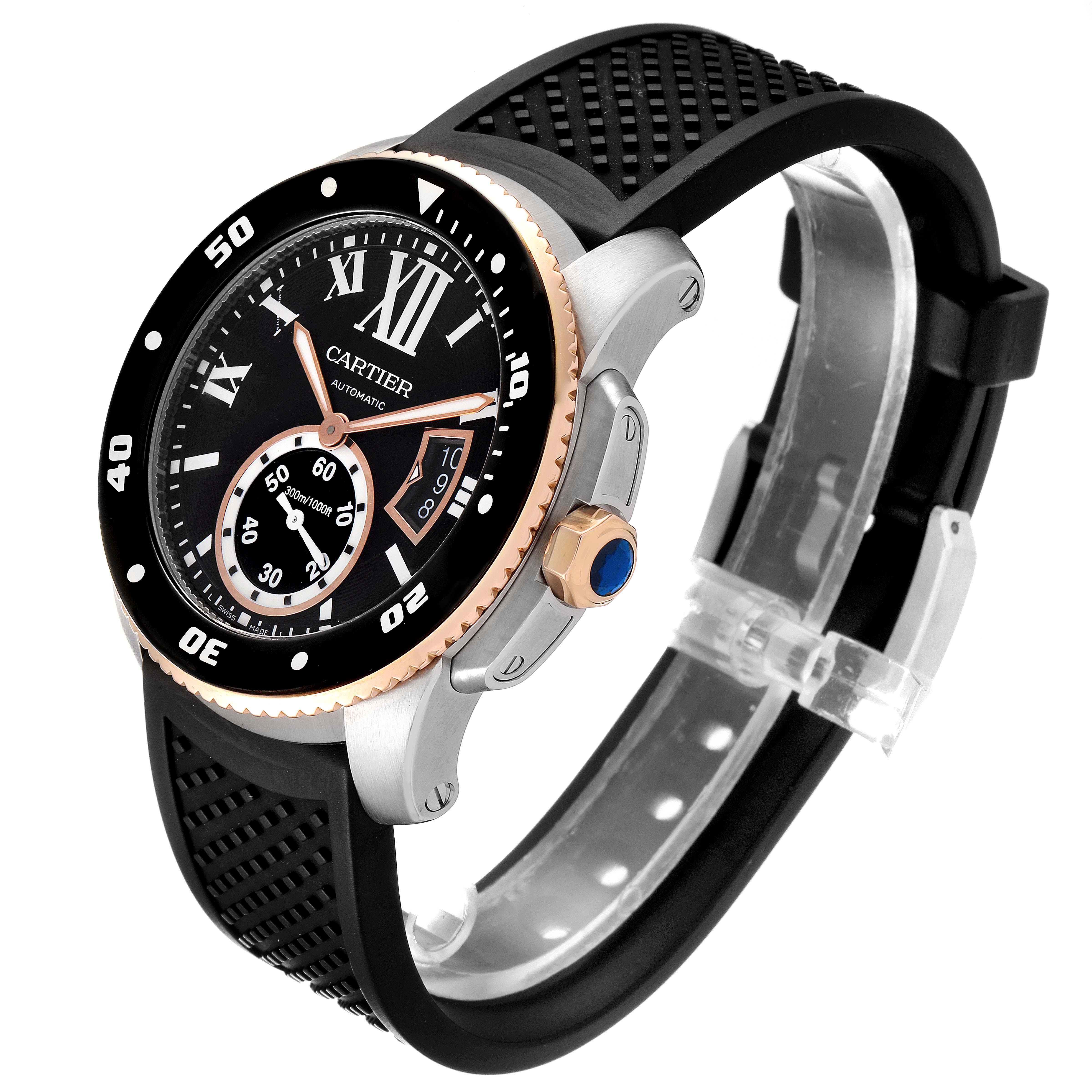 The image shows a side-angle view of the Calibre de Cartier watch by Cartier, highlighting its bezel, dial, crown, and wrist strap.