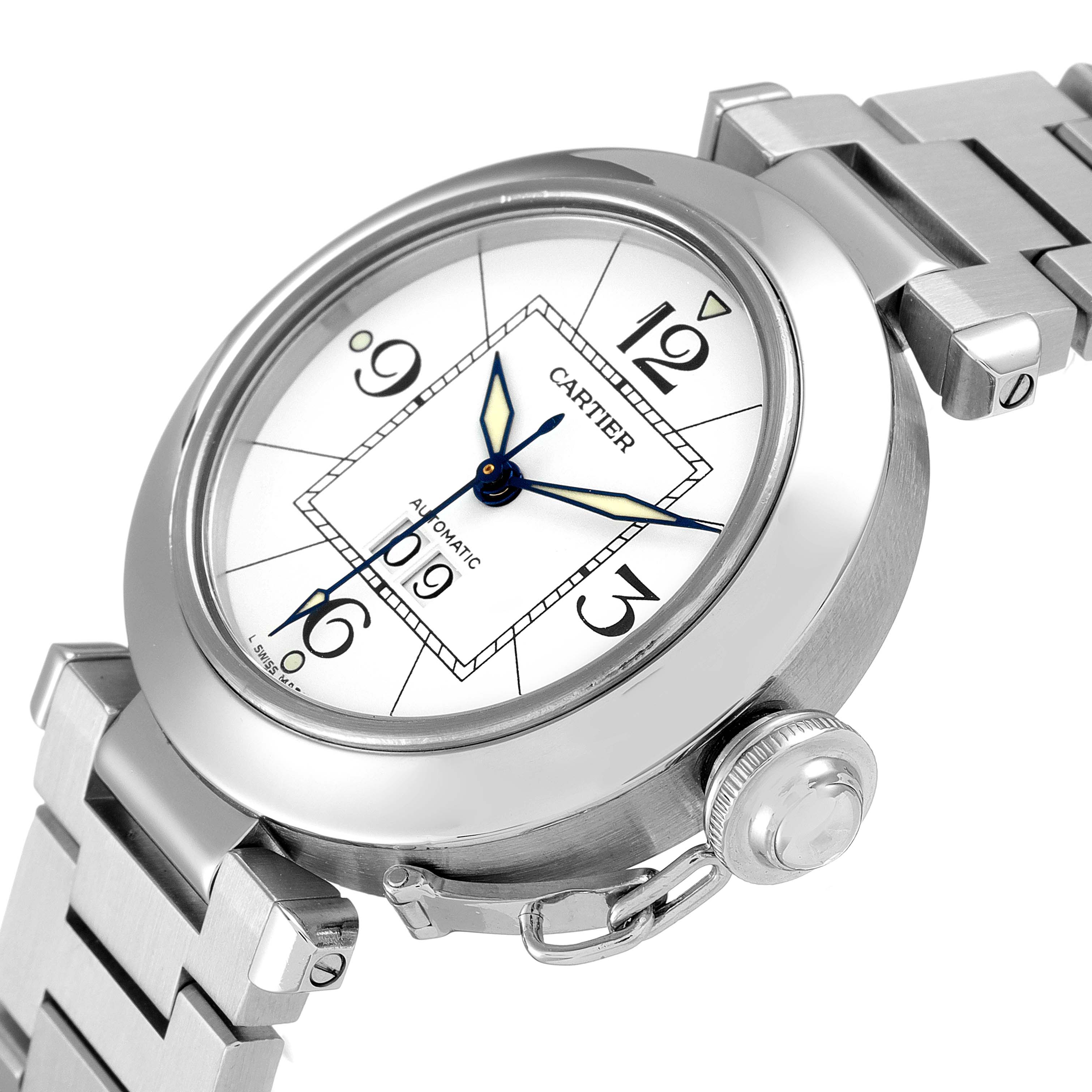 The image shows a close-up of a Cartier Pasha W31055M7 Women's Stainless Steel White Dial W31055M7 Women's Stainless Steel White Dial watch from an oblique angle, highlighting its face, crown, and metal bracelet.