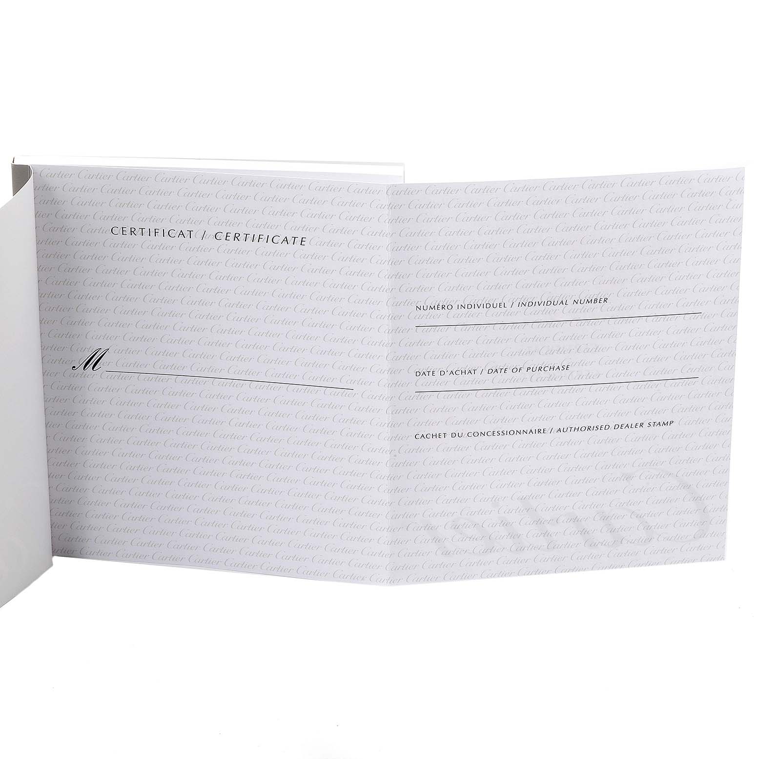 This image shows the open warranty certificate for the Cartier Pasha W31055M7 Women's Stainless Steel White Dial W31055M7 Women's Stainless Steel White Dial model watch, viewed from a front angle.