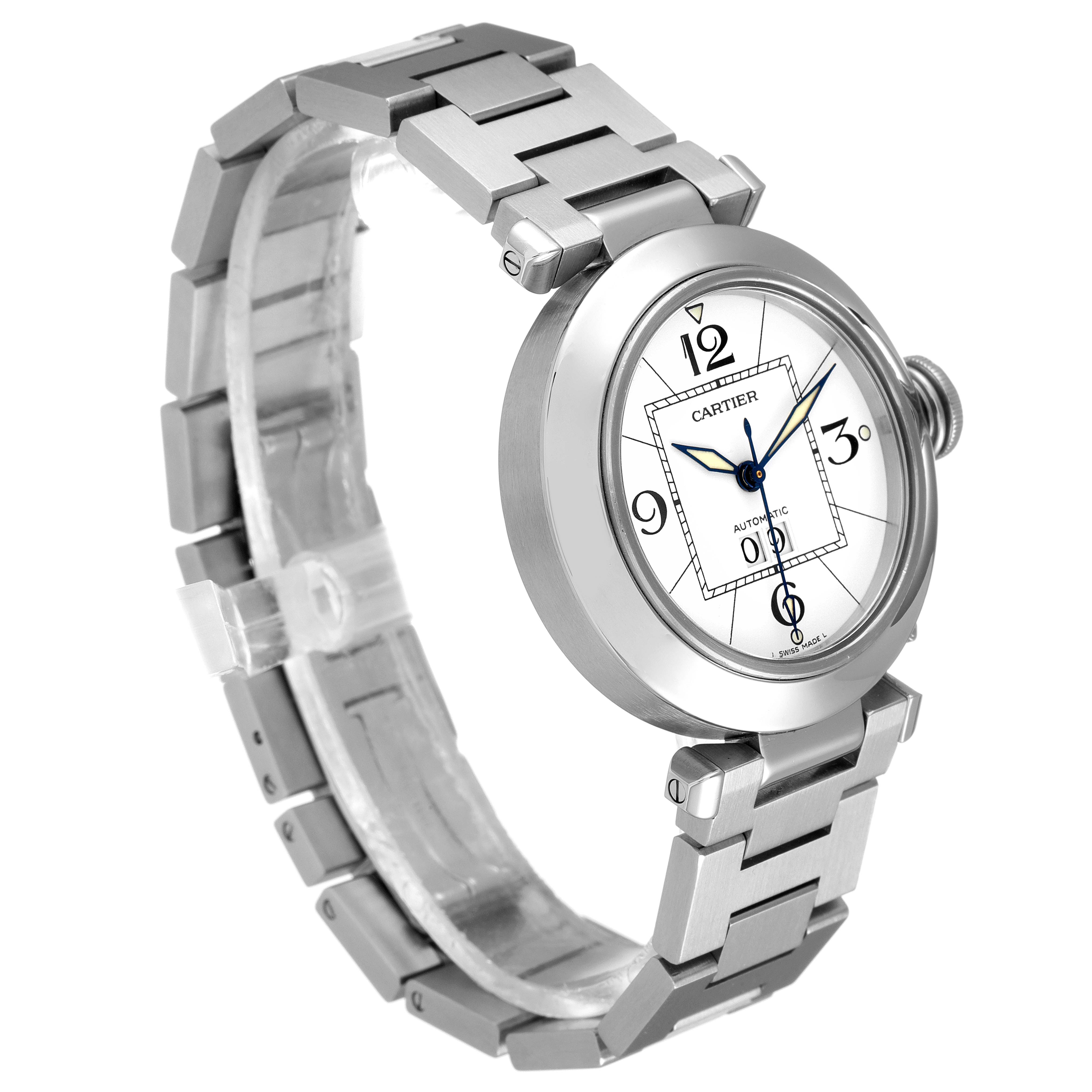 The image shows a Cartier Pasha W31055M7 Women's Stainless Steel White Dial W31055M7 Women's Stainless Steel White Dial watch from a front-side angle, highlighting the dial, bracelet, and crown.