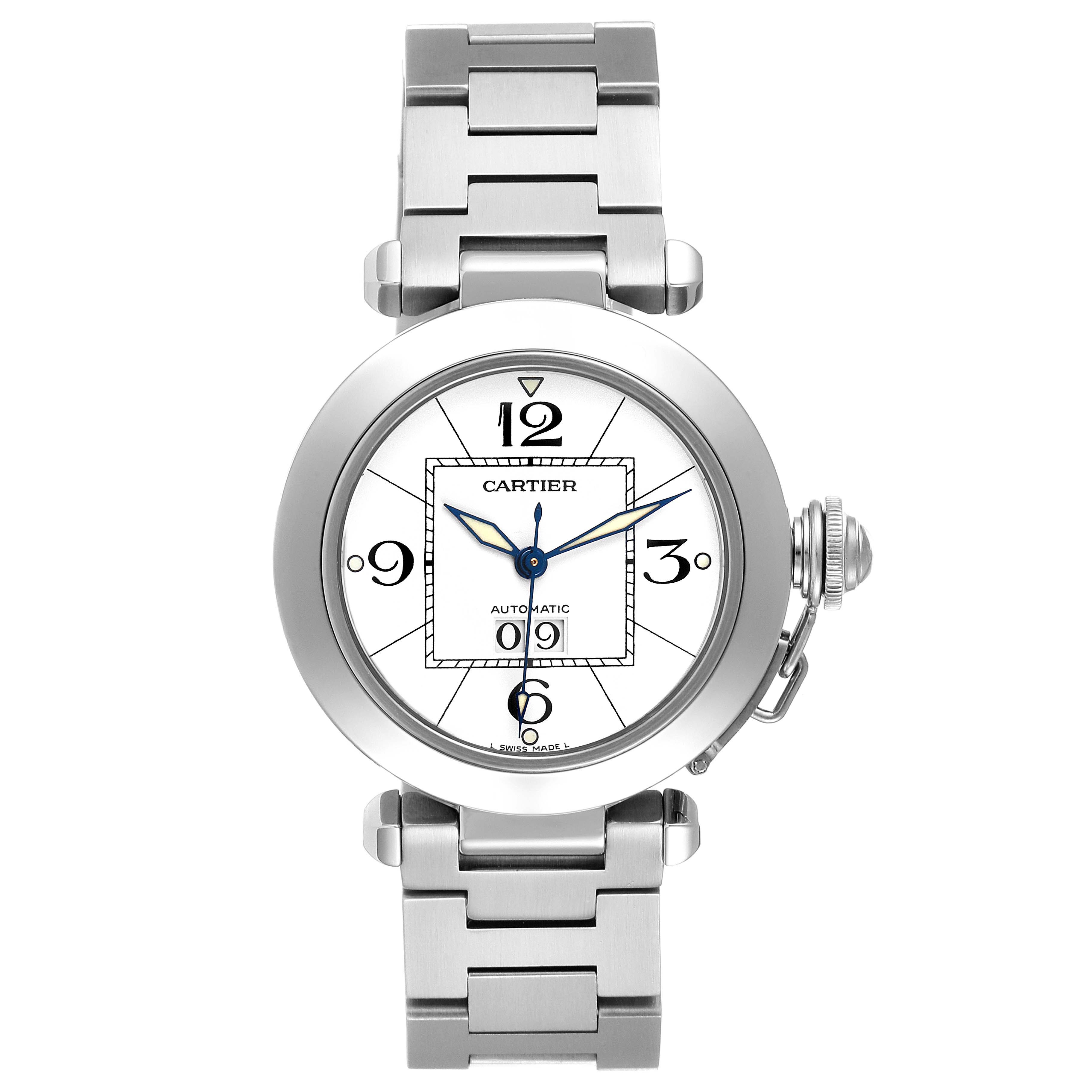 The image displays a front view of the Cartier Pasha W31055M7 Women's Stainless Steel White Dial W31055M7 Women's Stainless Steel White Dial model watch, showcasing its dial, bracelet, and crown.