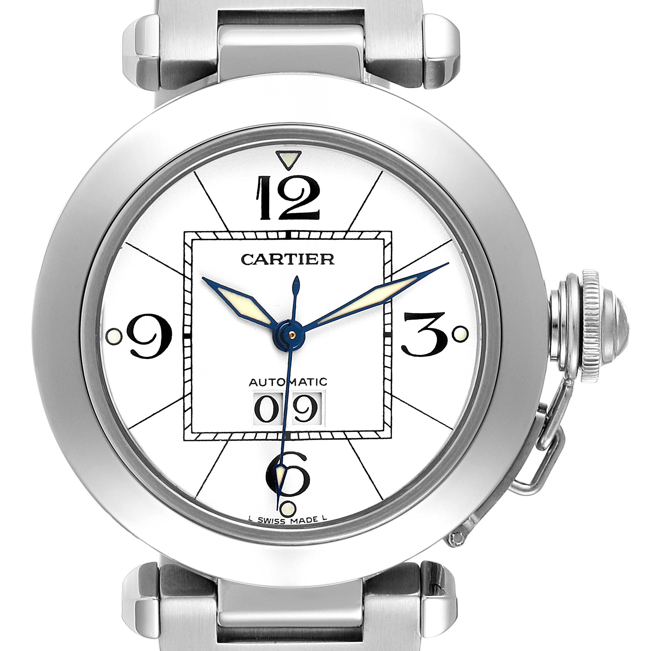 The image shows a frontal view of the Cartier Pasha W31055M7 Women's Stainless Steel White Dial W31055M7 Women's Stainless Steel White Dial watch, highlighting its round face, dial, and distinctive crown.