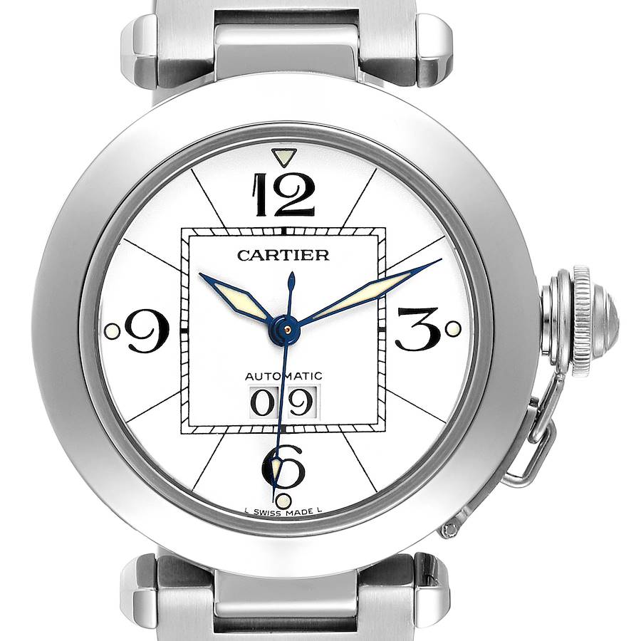 Cartier Pasha C Midsize Big Date Steel White Dial Ladies Watch W31055M7 SwissWatchExpo