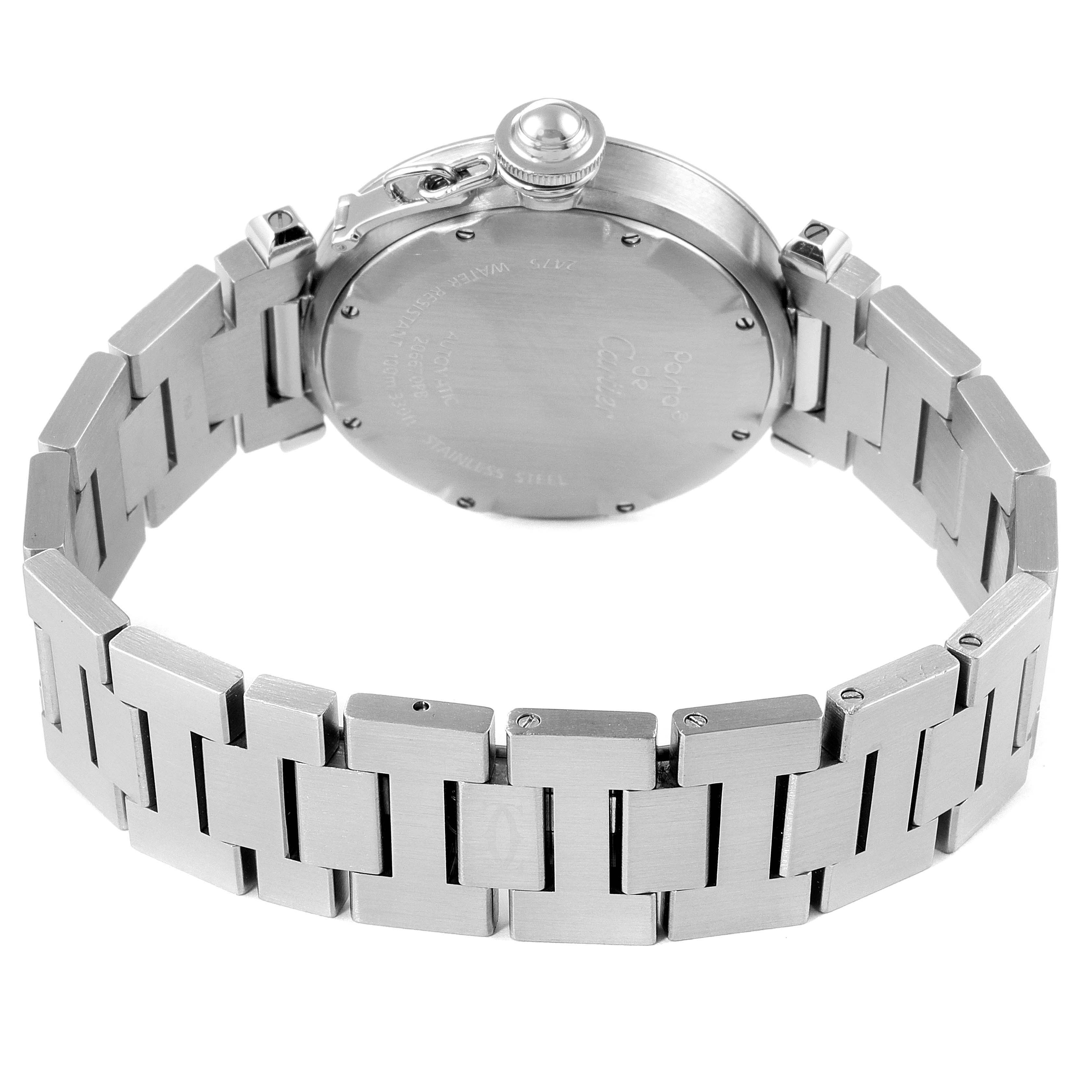 This image shows the back case and bracelet of a Cartier Pasha W31055M7 Women's Stainless Steel White Dial W31055M7 Women's Stainless Steel White Dial model watch.