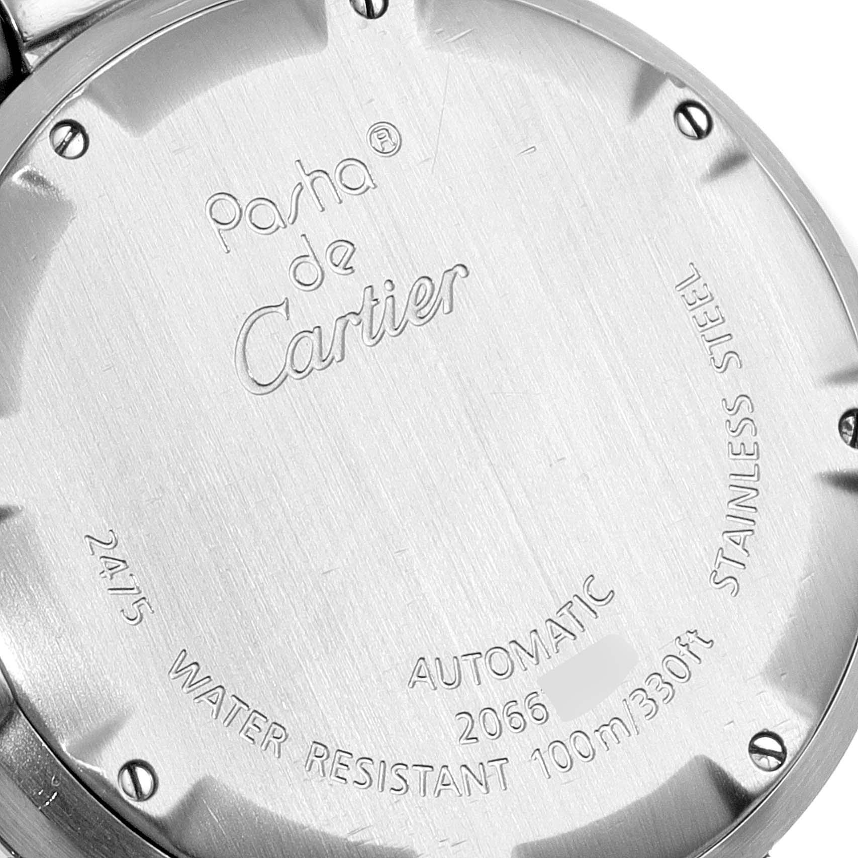 The image shows the case back of a Cartier Pasha W31055M7 Women's Stainless Steel White Dial W31055M7 Women's Stainless Steel White Dial watch, displaying model information and specifications.