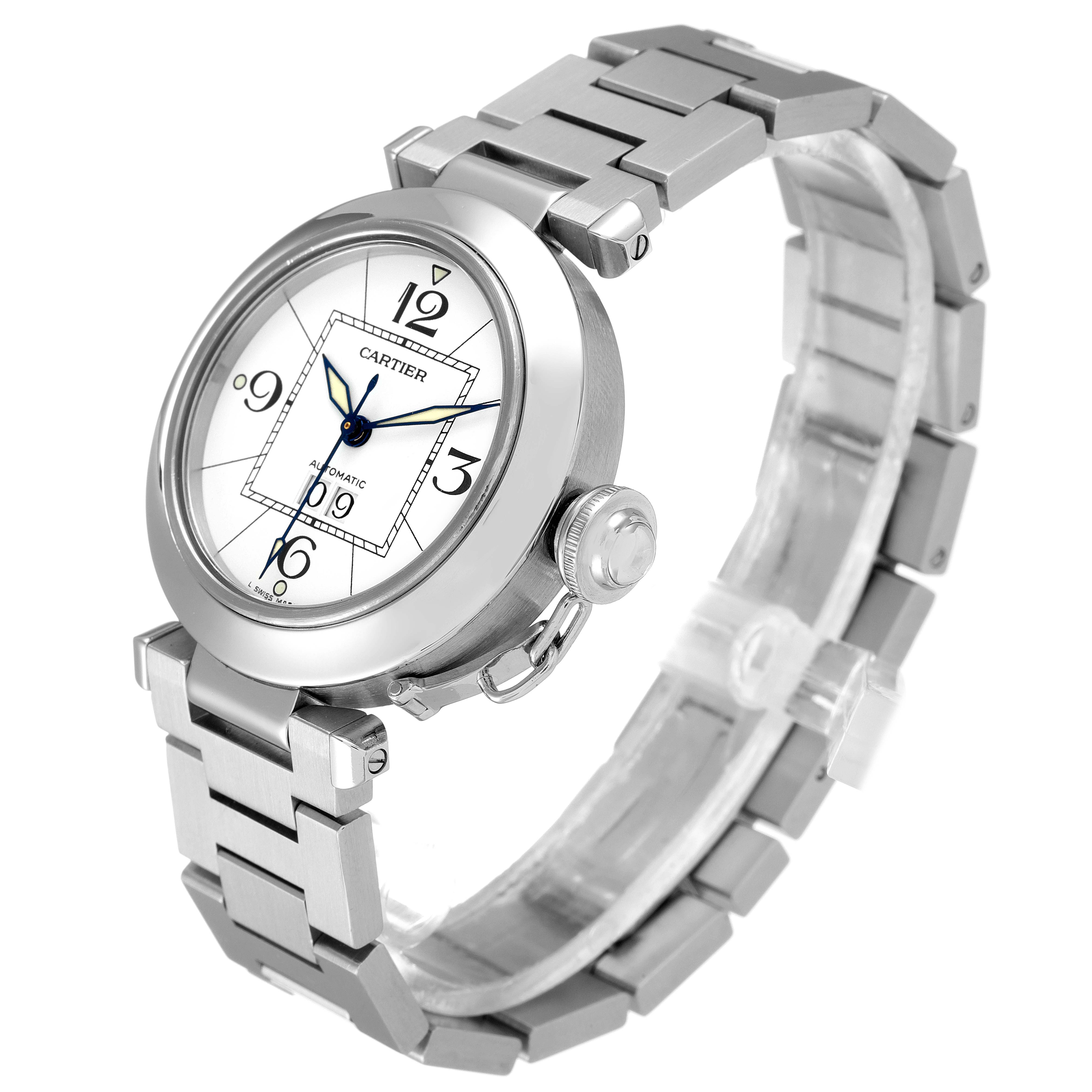 The Cartier Pasha W31055M7 Women's Stainless Steel White Dial W31055M7 Women's Stainless Steel White Dial watch is shown from an angled view featuring its silver bracelet, round face, and prominent crown.
