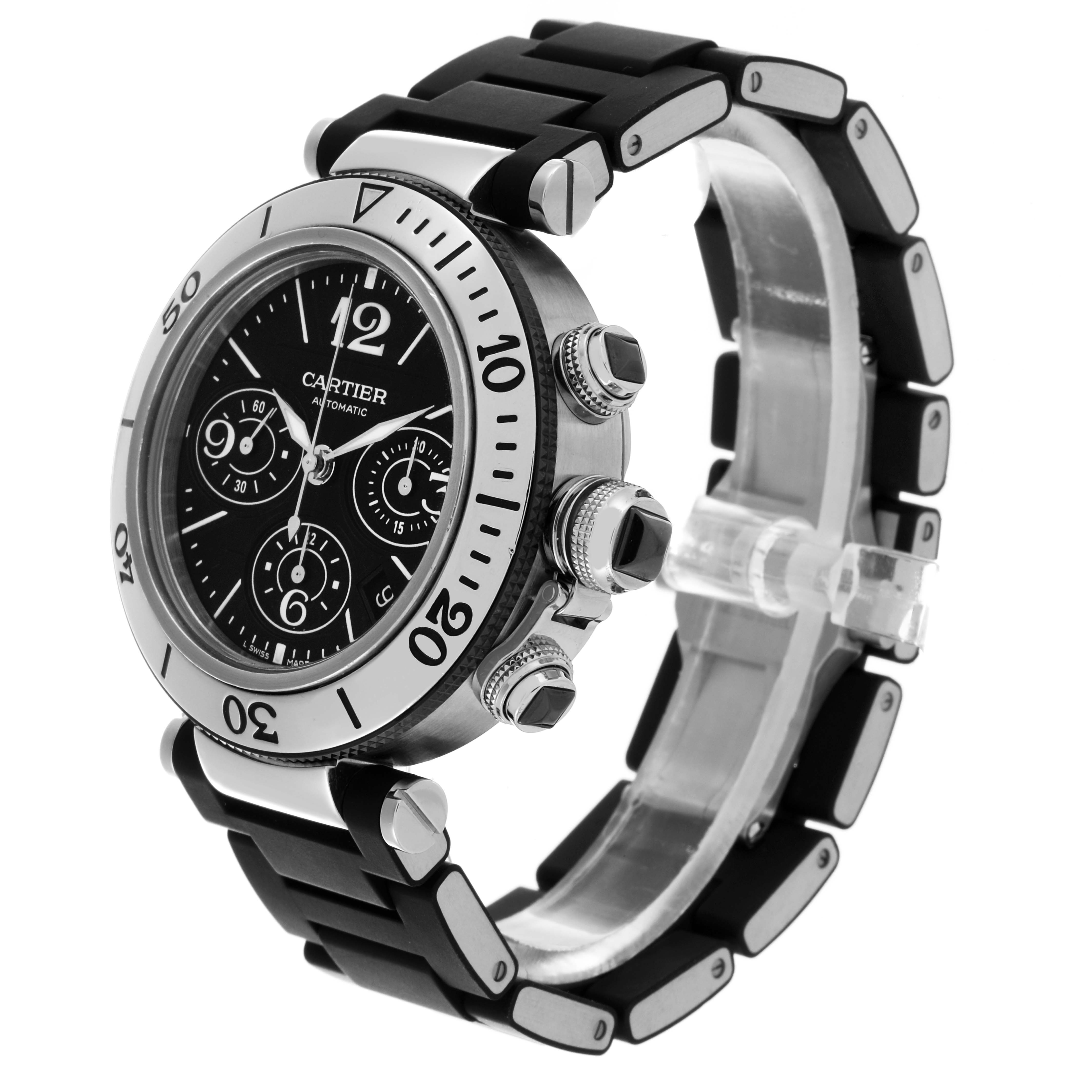 The Cartier Pasha W31088U2 Men
s Stainless Steel Black Dial W31088U2 Men
s Stainless Steel Black Dial watch is shown at a side angle, displaying the bezel, dial, and bracelet.