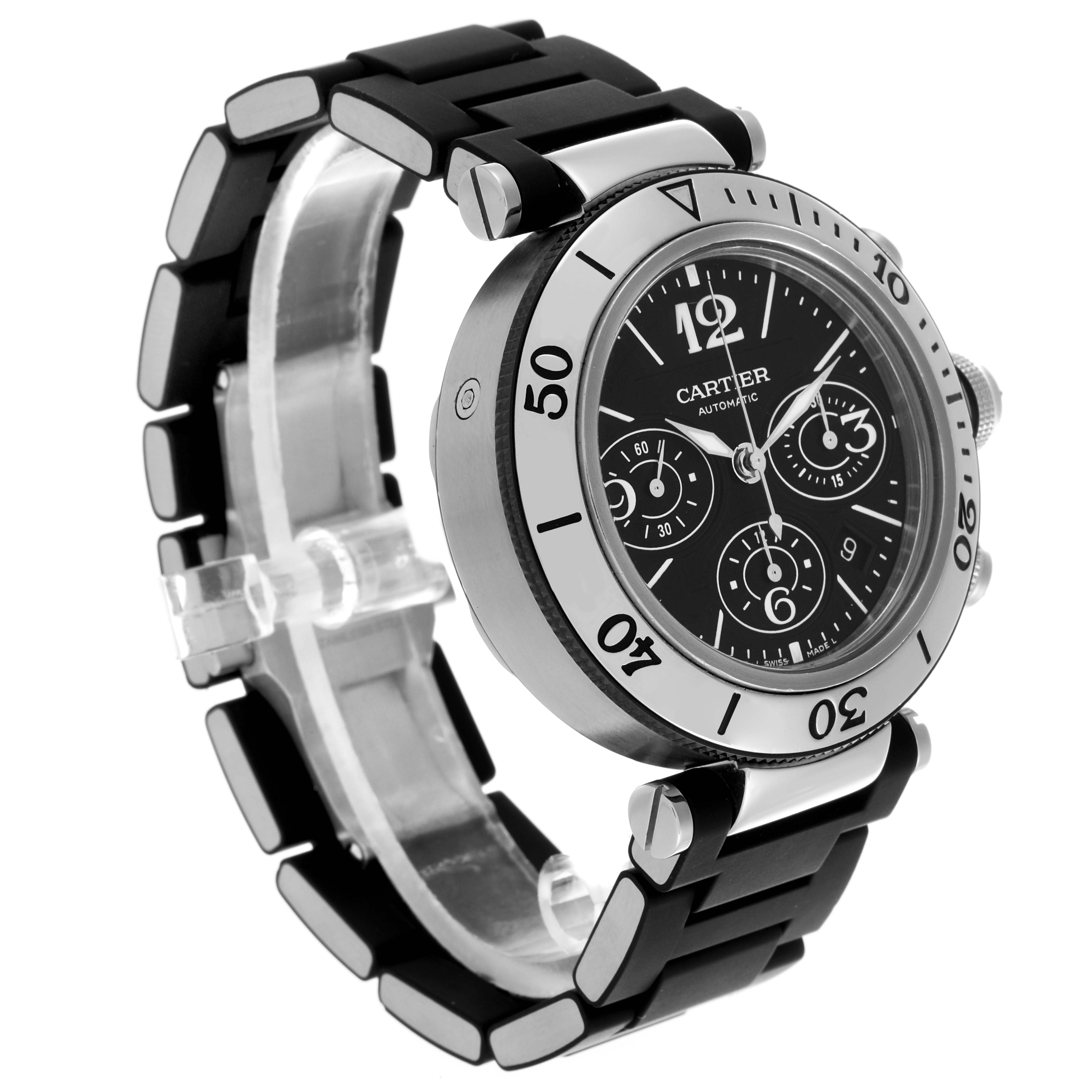 The Cartier Pasha W31088U2 Men
s Stainless Steel Black Dial W31088U2 Men
s Stainless Steel Black Dial watch is shown at a three-quarter angle, highlighting the face, bezel, and part of the strap.