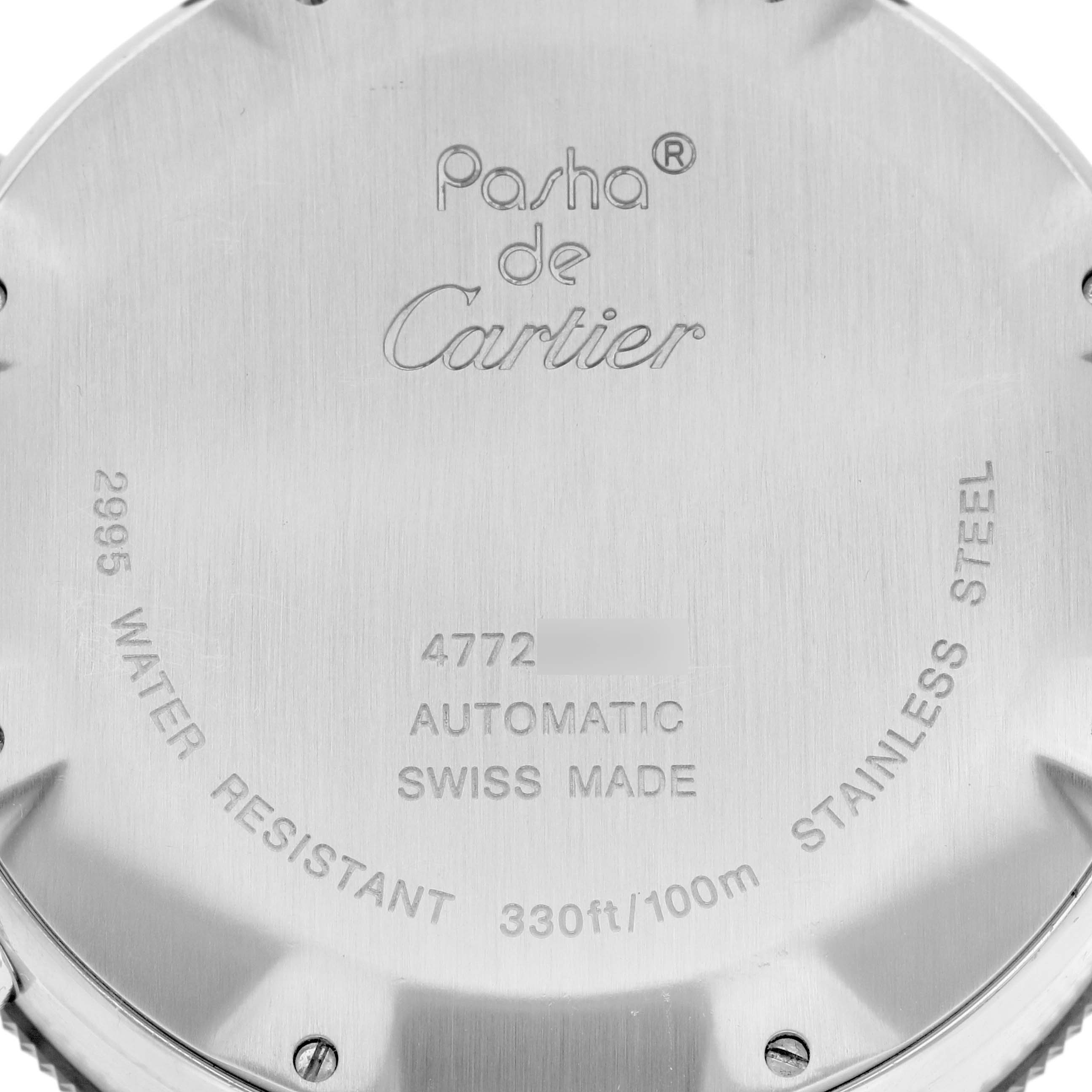 The image shows the back of the Cartier Pasha W31088U2 Men
s Stainless Steel Black Dial W31088U2 Men
s Stainless Steel Black Dial watch, highlighting engravings and features.