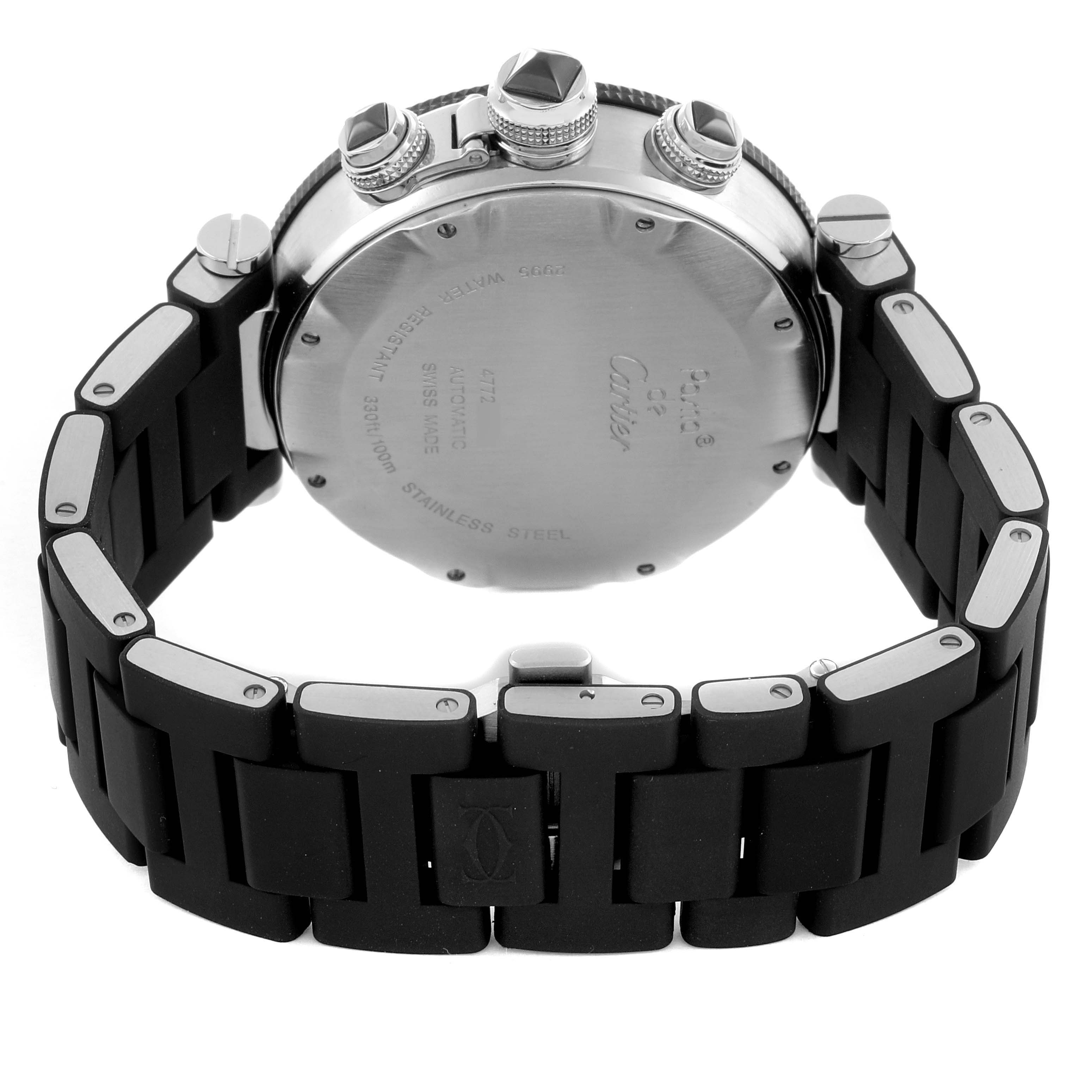 The image shows the back view of the Cartier Pasha W31088U2 Men
s Stainless Steel Black Dial W31088U2 Men
s Stainless Steel Black Dial watch, displaying its clasp, band, and crown.