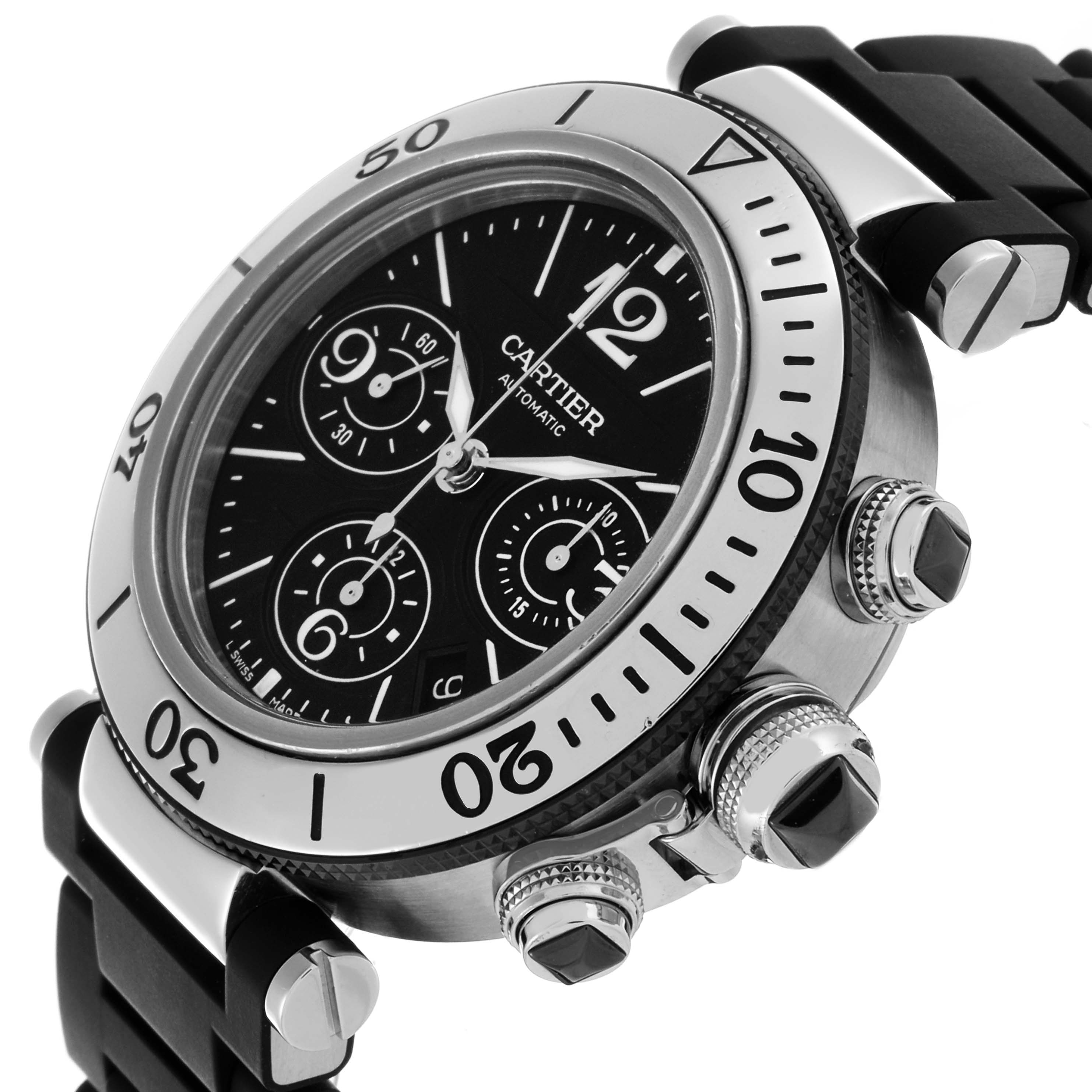 The Cartier Pasha W31088U2 Men
s Stainless Steel Black Dial W31088U2 Men
s Stainless Steel Black Dial watch is shown at an angled side view, displaying the bezel, face, sub-dials, crown, and pushers.