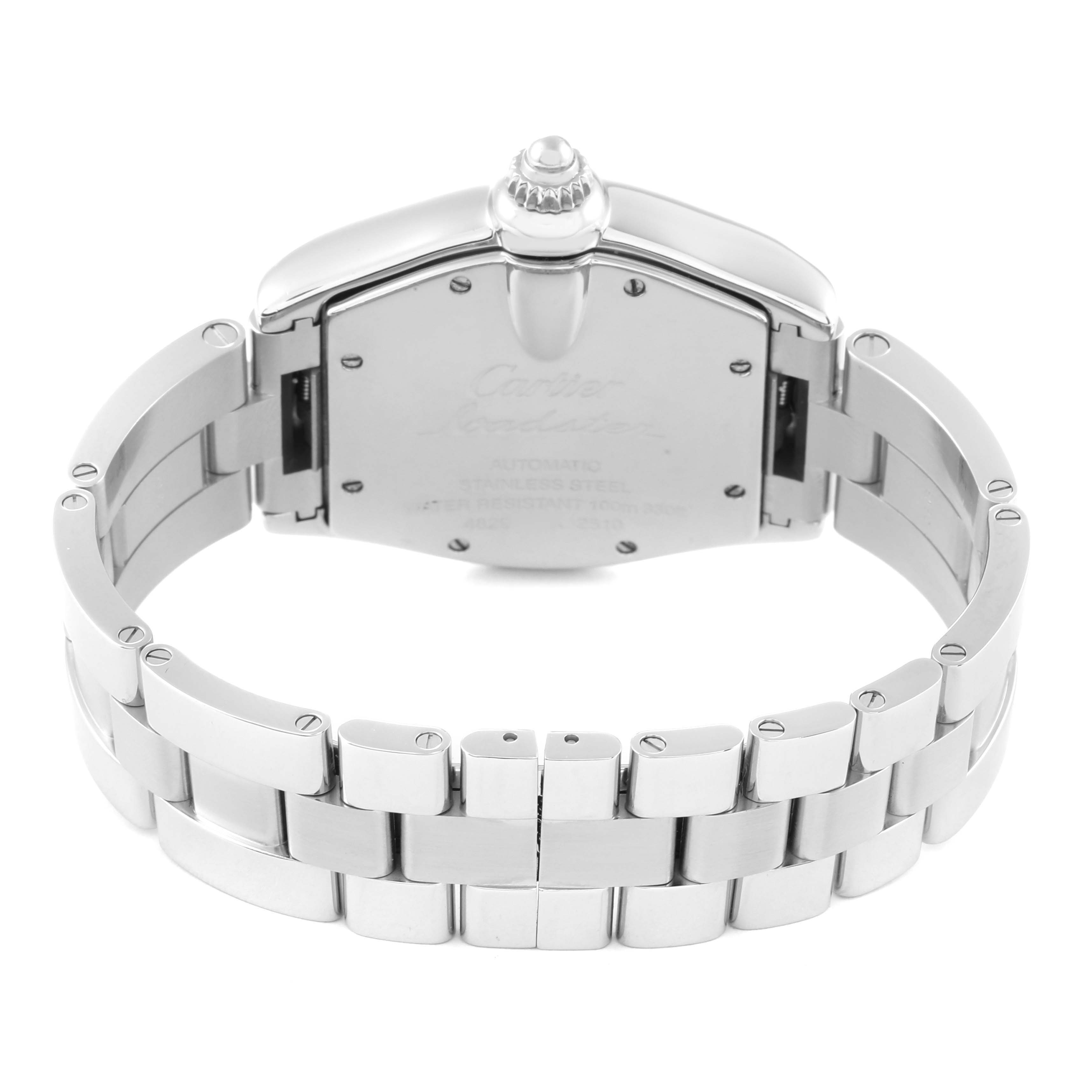 This image shows the back and bracelet of the Cartier Roadster W62041V3 Men's Stainless Steel Black Dial W62041V3 Men's Stainless Steel Black Dial watch.