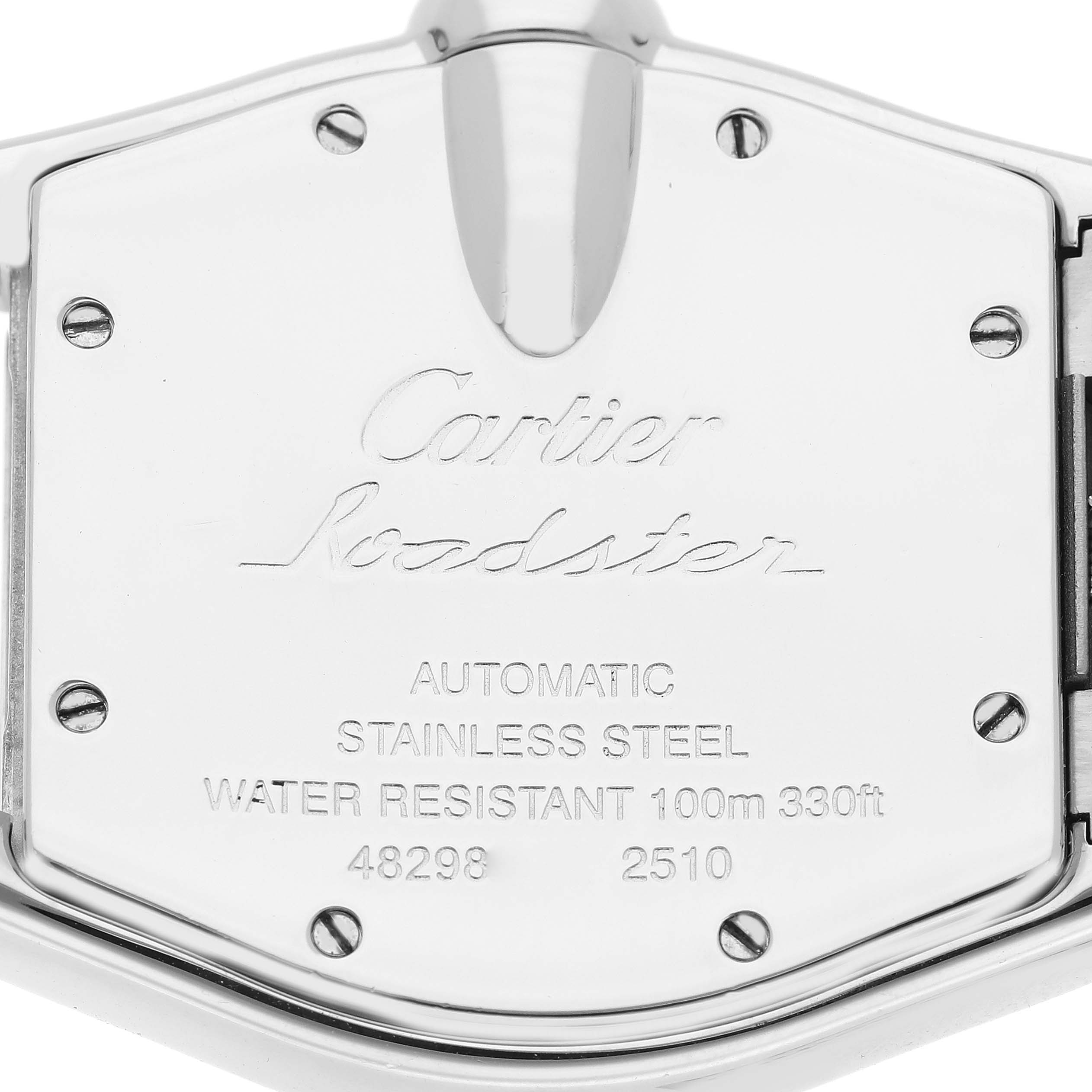 This image shows the caseback of a Cartier Roadster W62041V3 Men's Stainless Steel Black Dial W62041V3 Men's Stainless Steel Black Dial watch, featuring engravings and attachment screws.