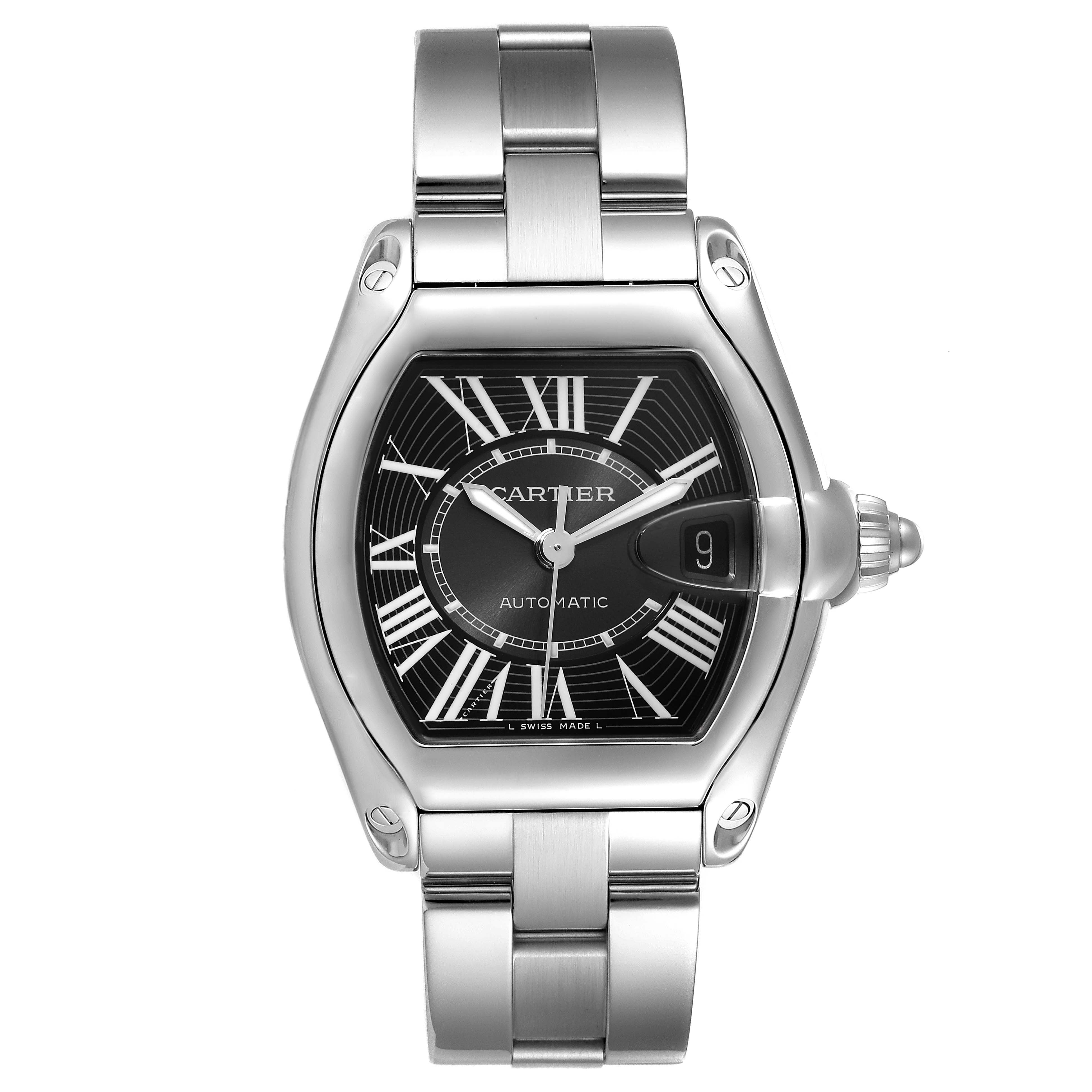 The Cartier Roadster W62041V3 Men's Stainless Steel Black Dial W62041V3 Men's Stainless Steel Black Dial watch is shown from a top-down angle, displaying its face, bracelet, and crown.