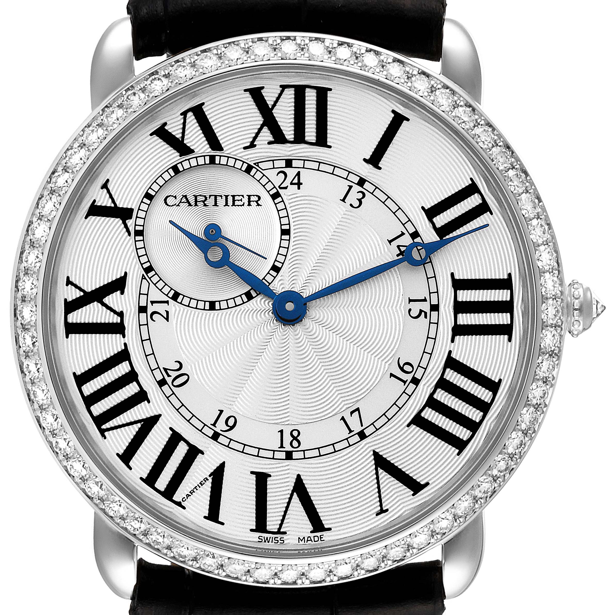 This image shows a close-up of the face of a Cartier Ronde WR007002 Men's White Gold Silver Dial WR007002 Men's White Gold Silver Dial watch, highlighting its Roman numerals, blue hands, and diamond bezel.
