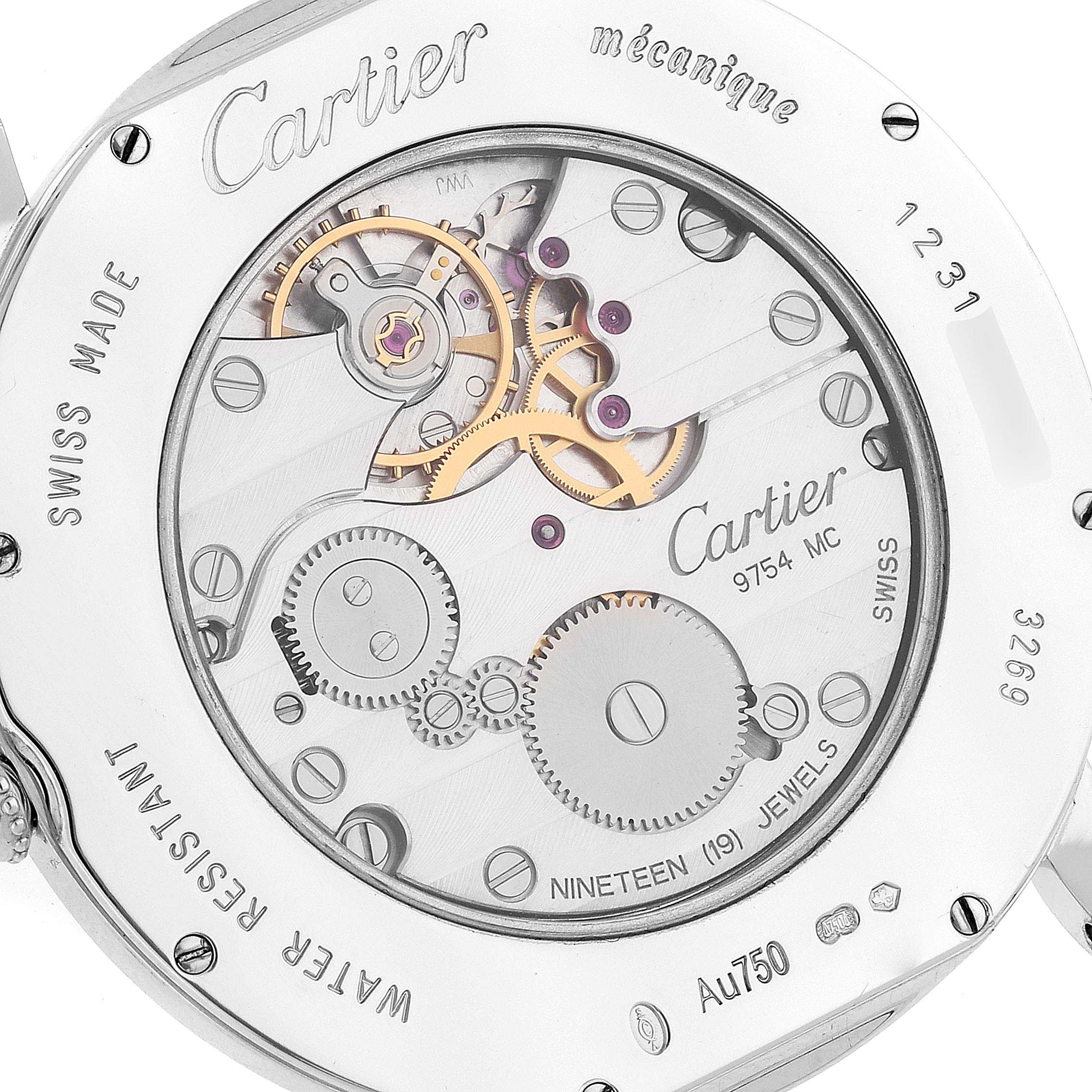 This image shows the back view of the Ronde model by Cartier, revealing the intricate mechanics and movement details.