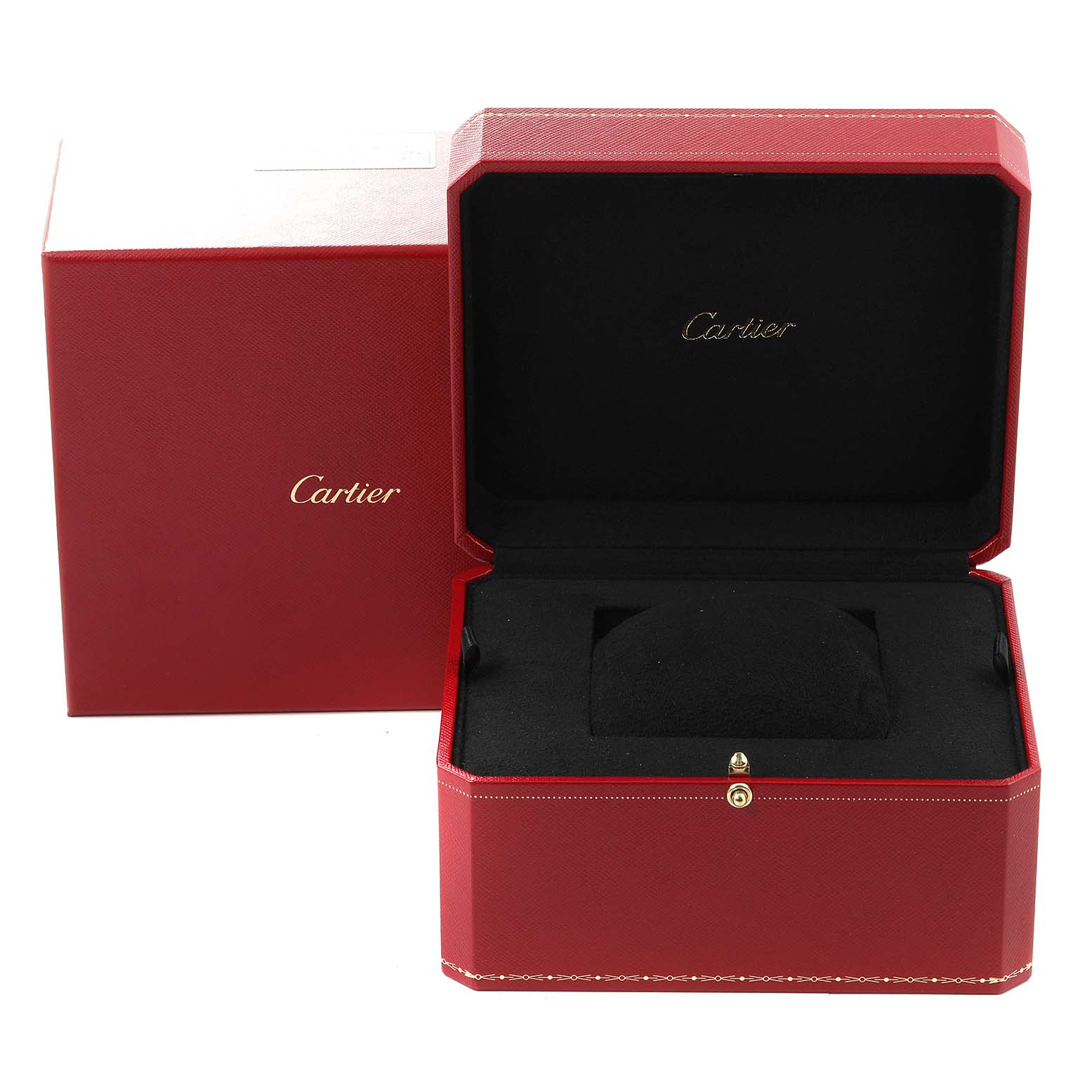 This image shows a red jewelry box for the Cartier Ronde WR007002 Men's White Gold Silver Dial WR007002 Men's White Gold Silver Dial watch, with the lid open, revealing a padded interior and the Cartier logo.