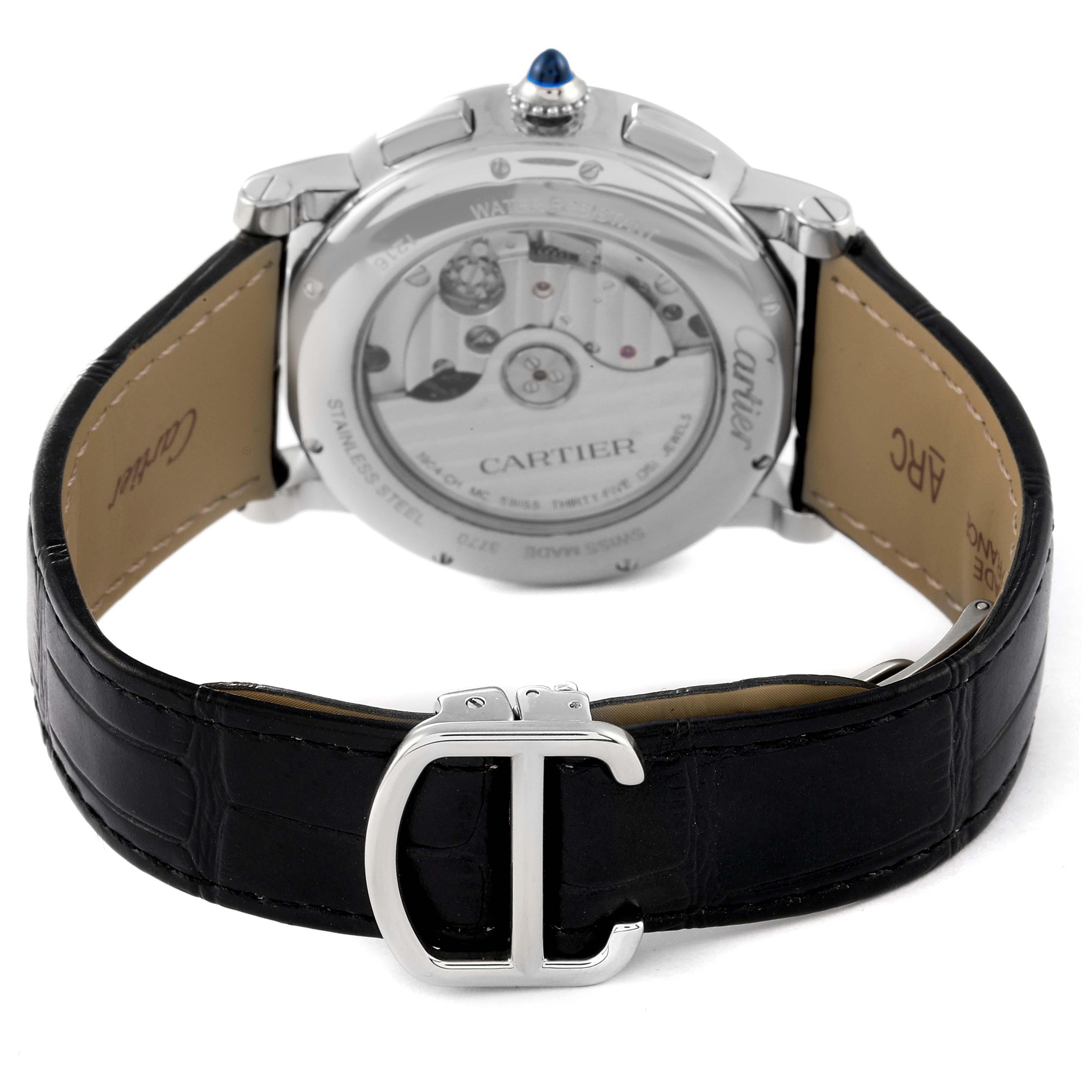 This image shows the back angle of the Rotonde de Cartier watch, highlighting the movement mechanism and the black leather strap with a "C" shaped buckle.
