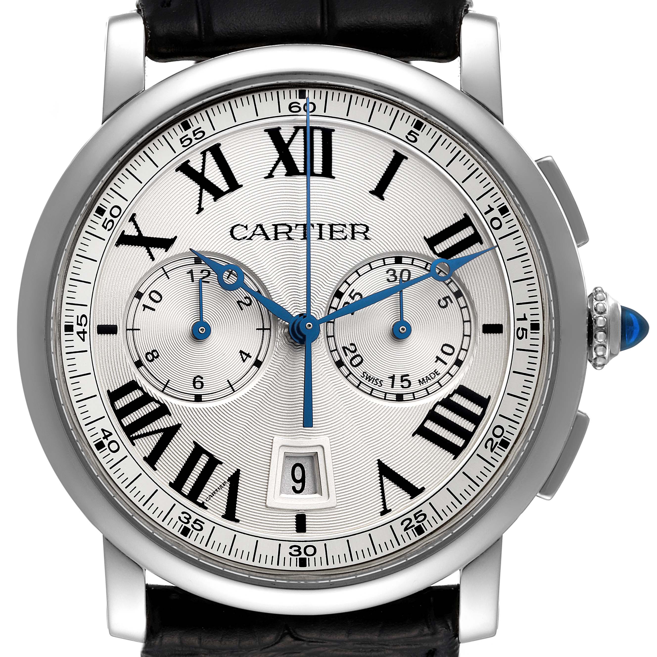 The image shows a close-up of the Cartier Rotonde WSRO0002 Men's Stainless Steel Silver Dial WSRO0002 Men's Stainless Steel Silver Dial watch face, highlighting the dial, hands, subdials, date window, and crown.