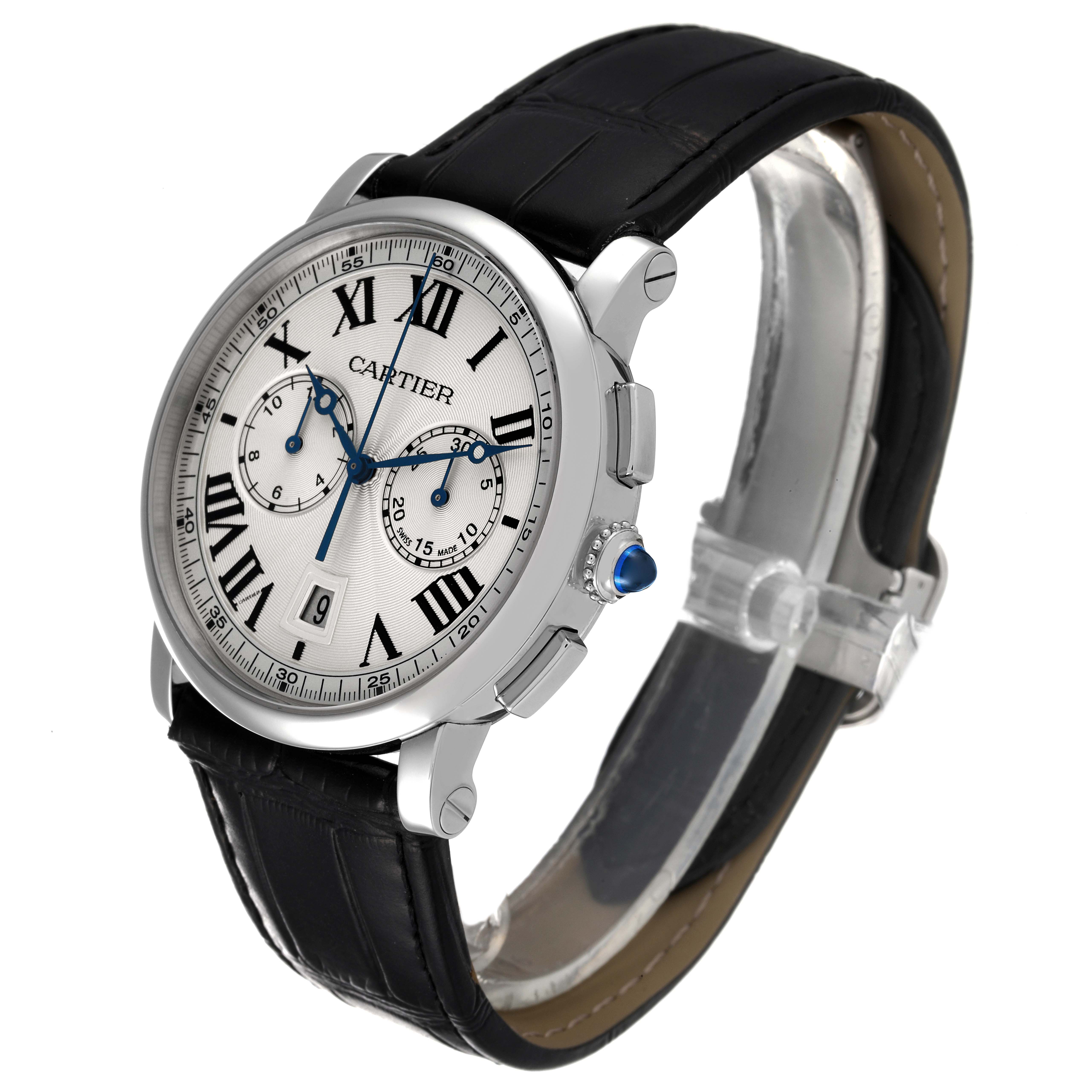 The Cartier Rotonde WSRO0002 Men's Stainless Steel Silver Dial WSRO0002 Men's Stainless Steel Silver Dial watch is shown at a three-quarter angle, highlighting the face, side buttons, and leather strap.
