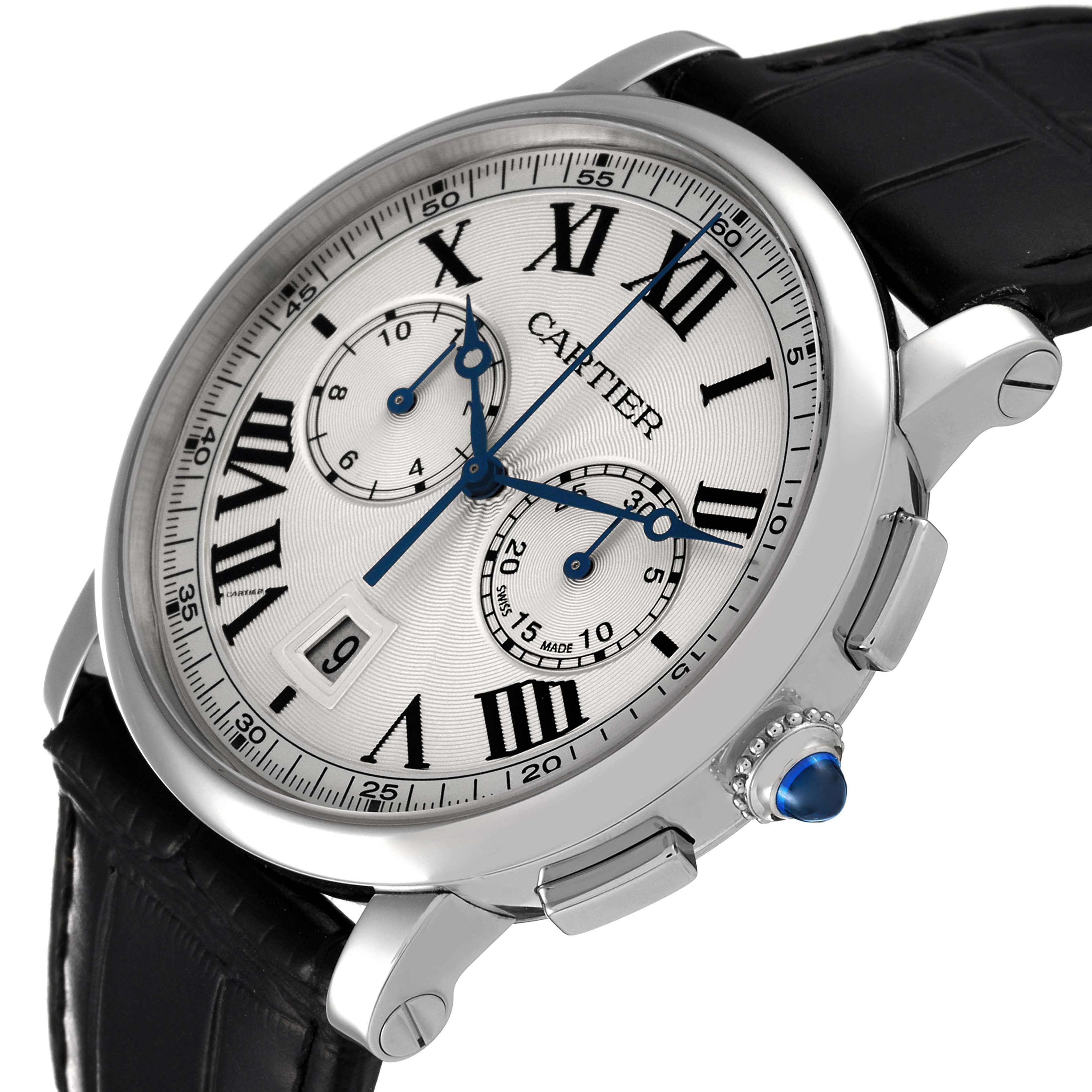 The image shows a Cartier Rotonde WSRO0002 Men's Stainless Steel Silver Dial WSRO0002 Men's Stainless Steel Silver Dial watch from an angled view, highlighting the dial, Roman numerals, subdials, and crown.