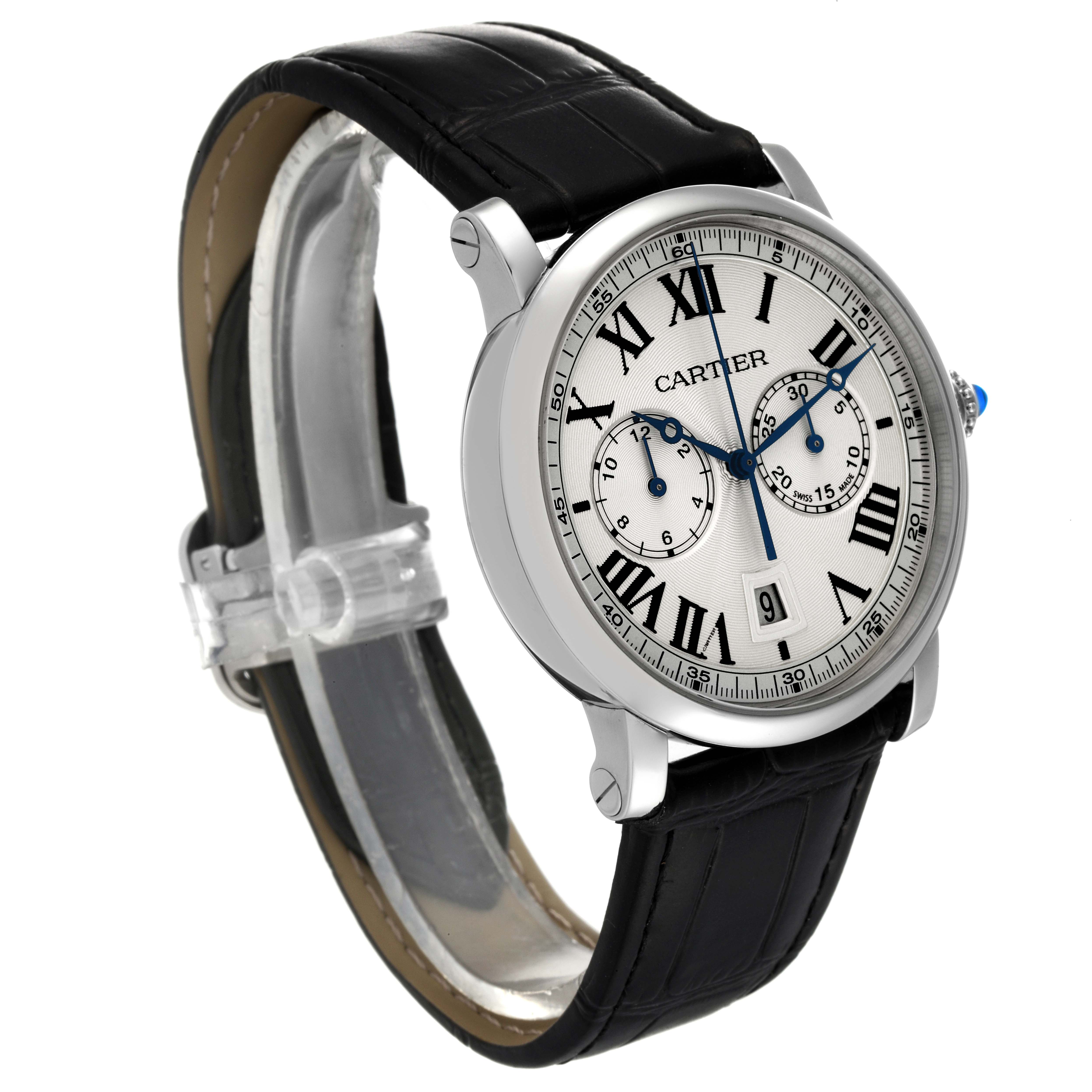The image shows a Cartier Rotonde WSRO0002 Men's Stainless Steel Silver Dial WSRO0002 Men's Stainless Steel Silver Dial watch at a three-quarters angle, featuring its face, crown, and black leather strap.