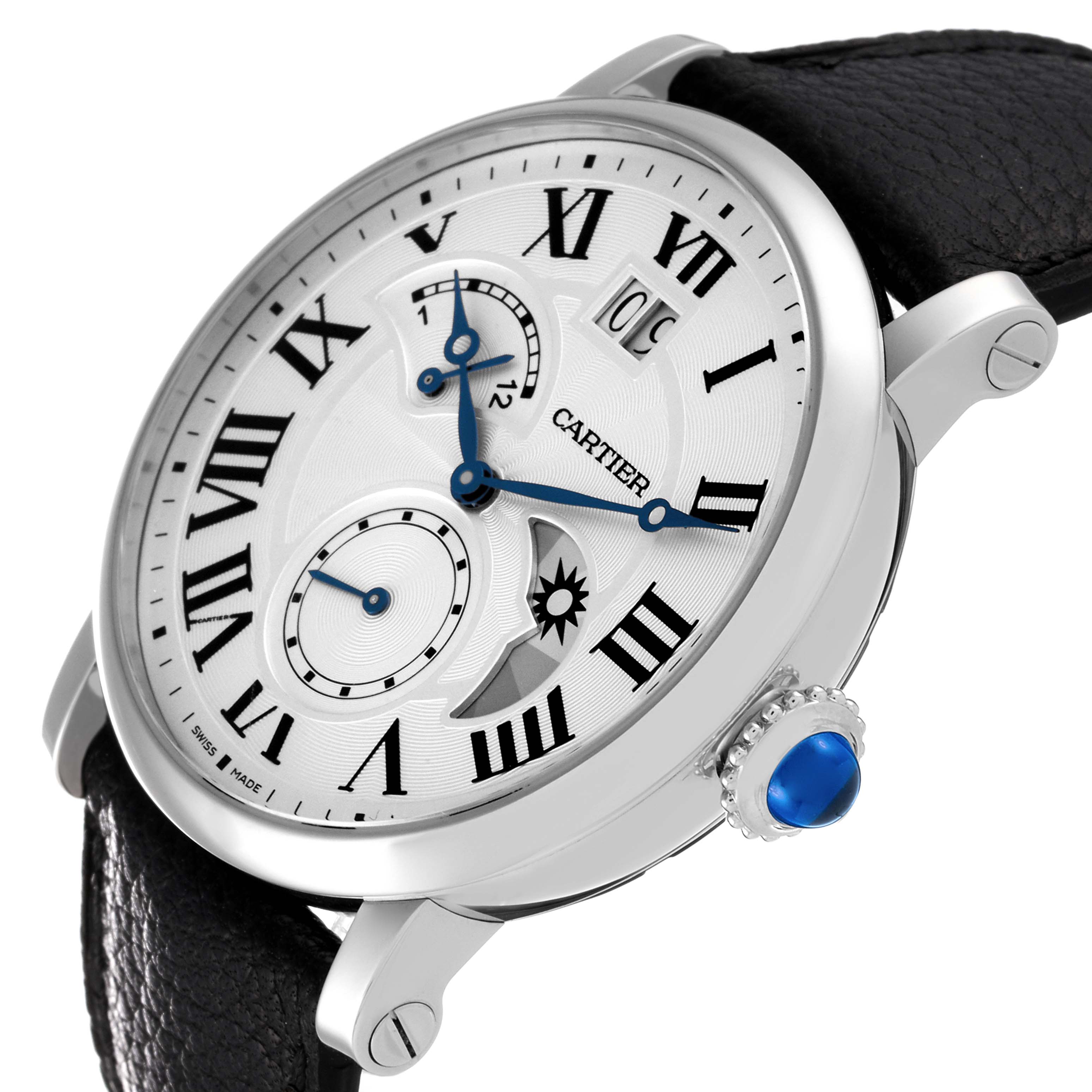 The image shows a close-up angle of a Cartier Rotonde W1556368 Men's Stainless Steel Silver Dial W1556368 Men's Stainless Steel Silver Dial watch, displaying its dial, crown, and black leather strap.