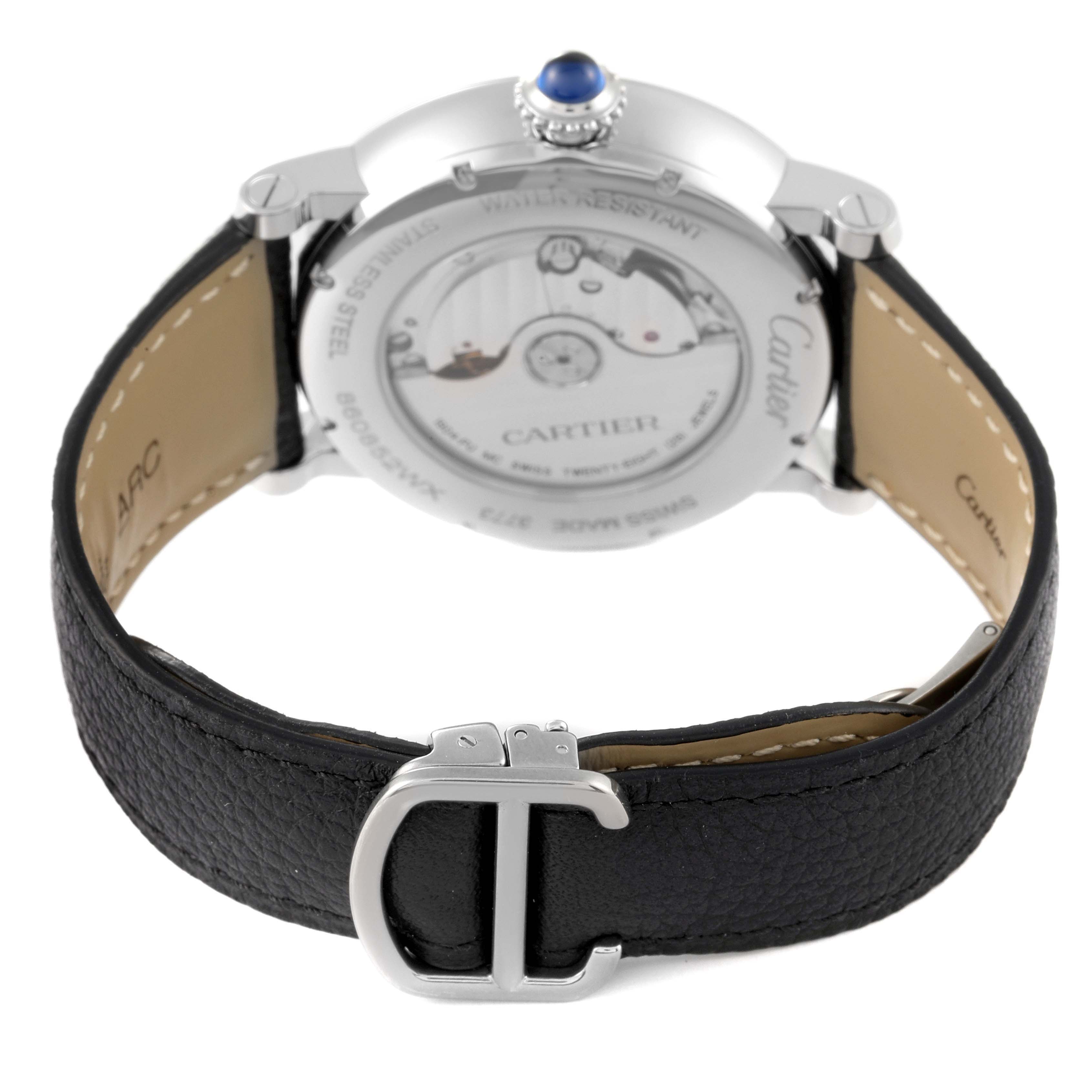 This image shows the back view of the Cartier Rotonde W1556368 Men's Stainless Steel Silver Dial W1556368 Men's Stainless Steel Silver Dial watch, highlighting its leather strap and buckle, and the details on the case back.