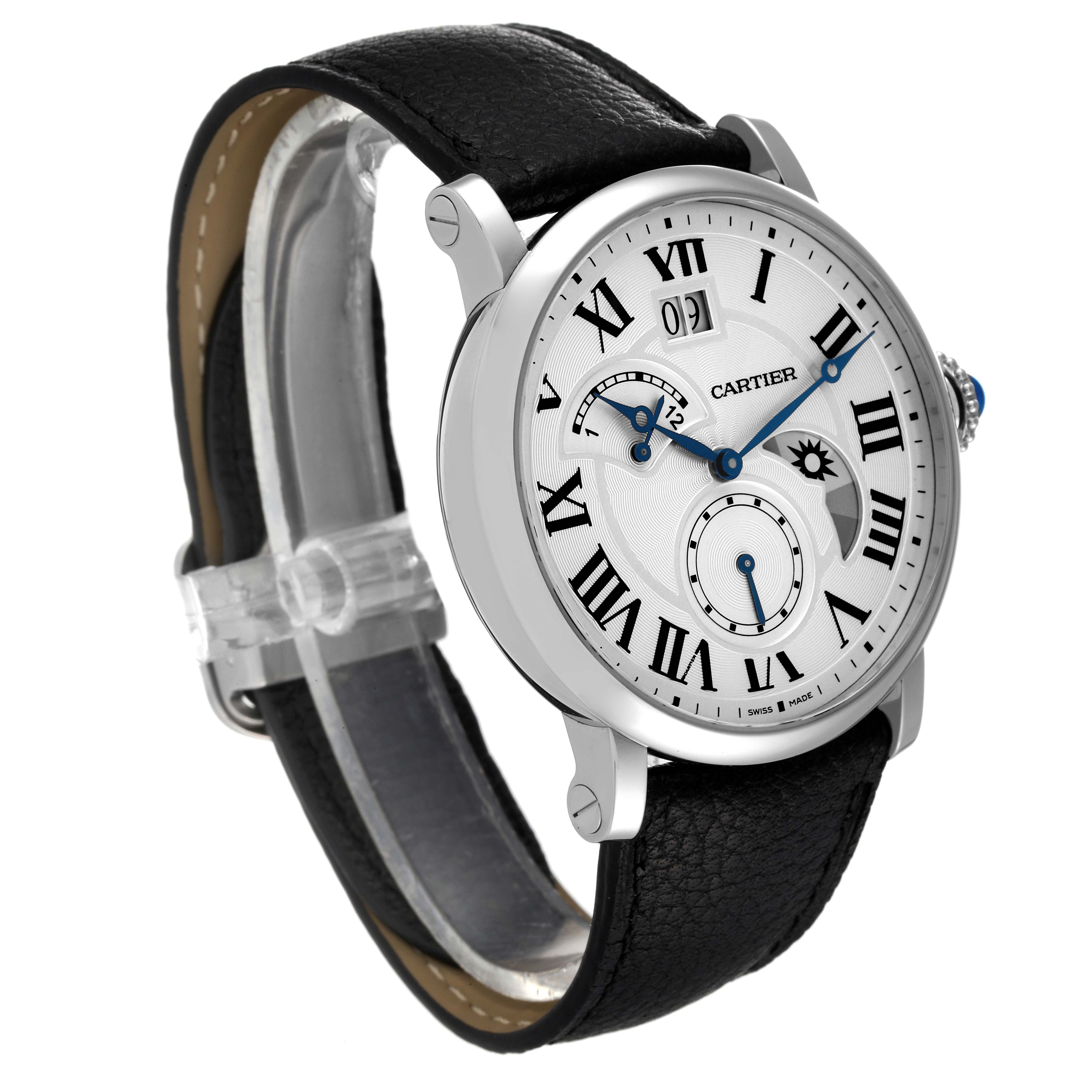 The Rotonde model by Cartier is shown at an angled side view, displaying its face, crown, and black leather strap.